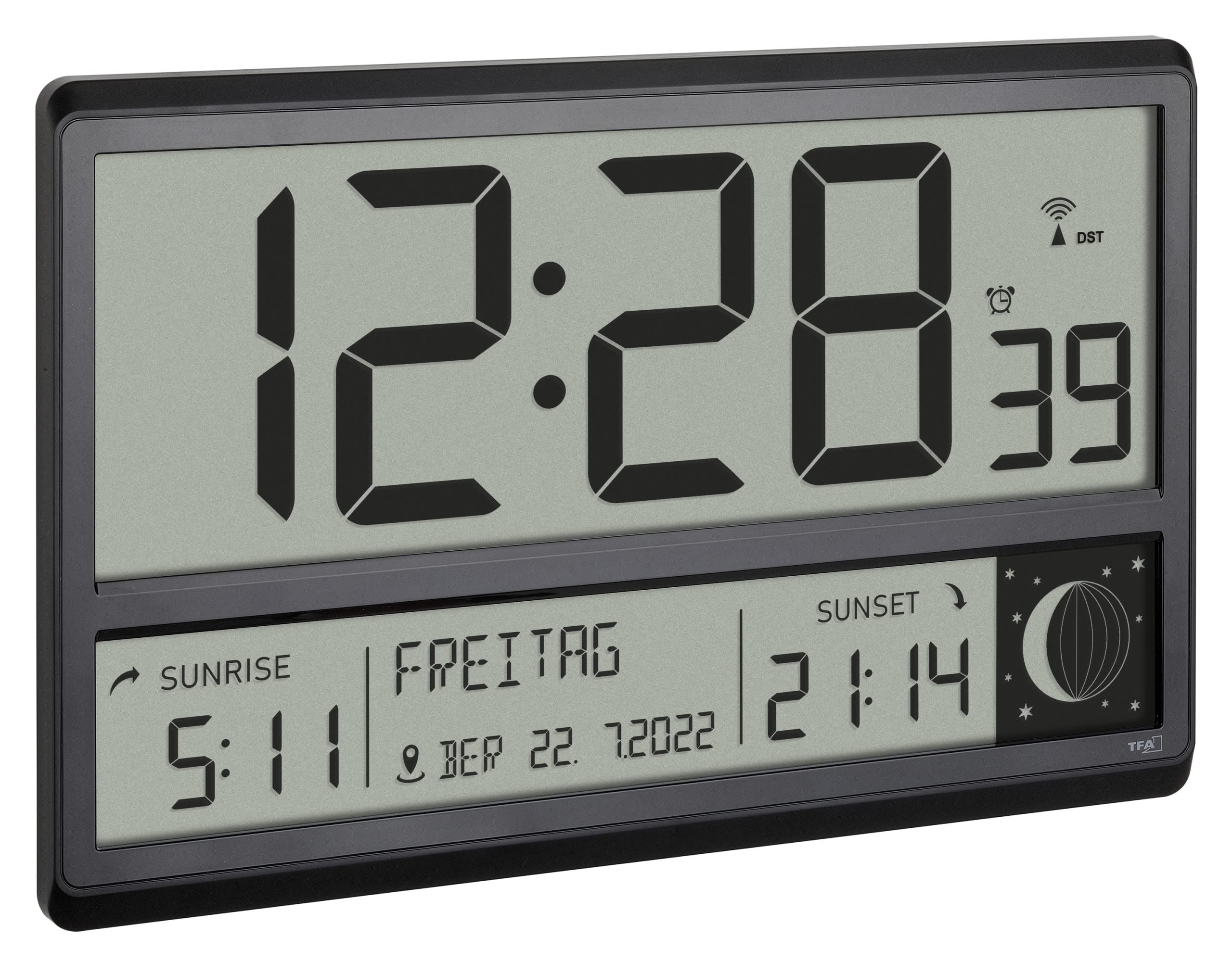TFA Dostmann Orologio da parete digitale XL, 60.4524.01, con alba e tramonto, sveglia radiocontrollata, cifre grandi, fasi lunari, silenzioso, nero