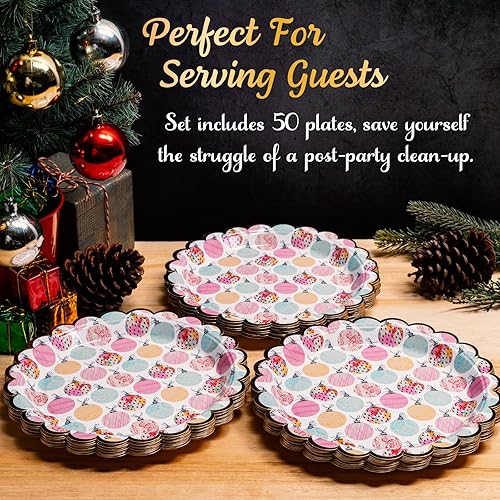 Miniatura 7 de Confettiville Platos de papel de Navidad, 50 platos desechables de Navidad, oro festoneado, suministros para fiestas