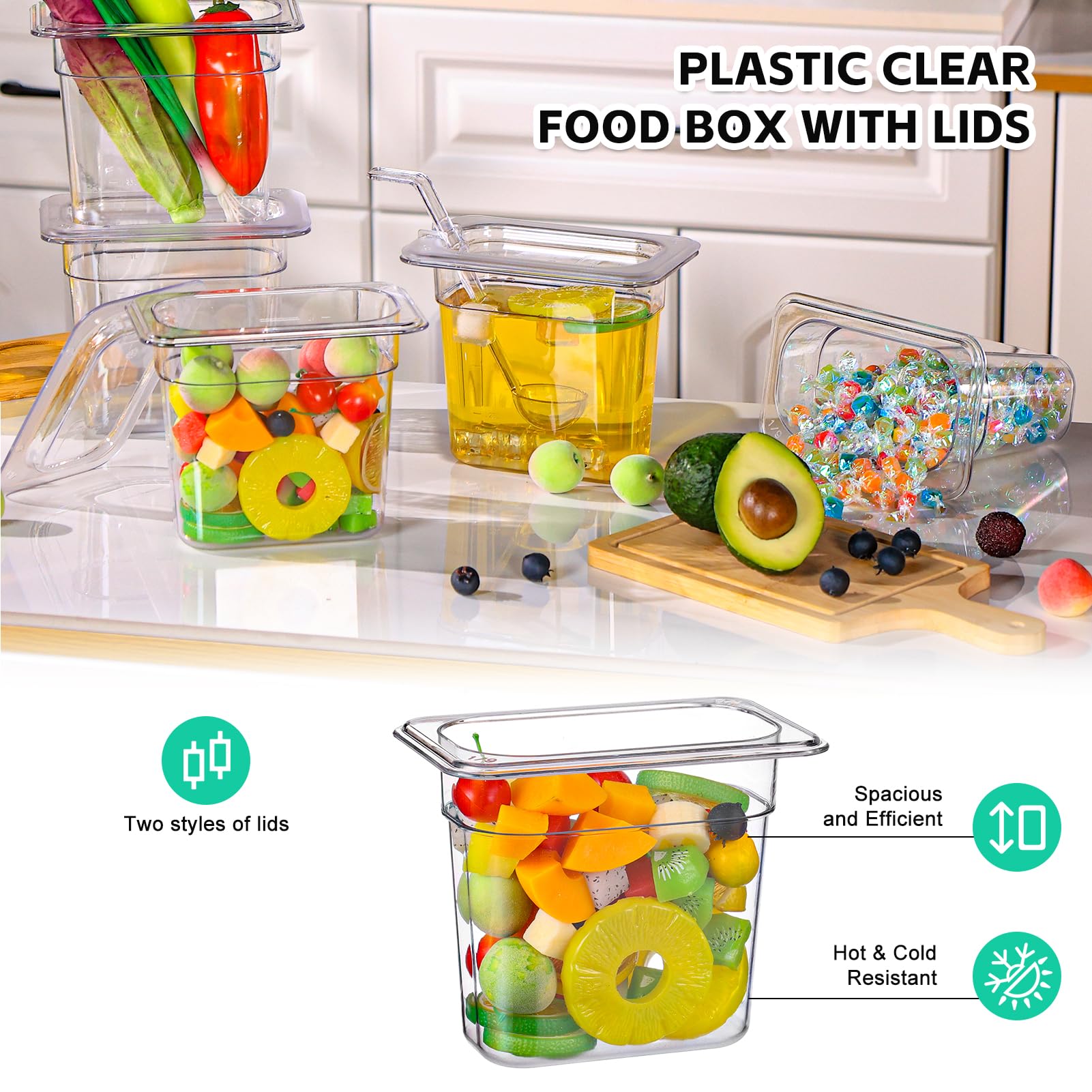 Confezione da 12 padelle in plastica trasparente con coperchi, misura 1/9 da 15,2 cm, in policarbonato, impilabili, per hotel, con 1 cucchiaio, per frutta e verdura
