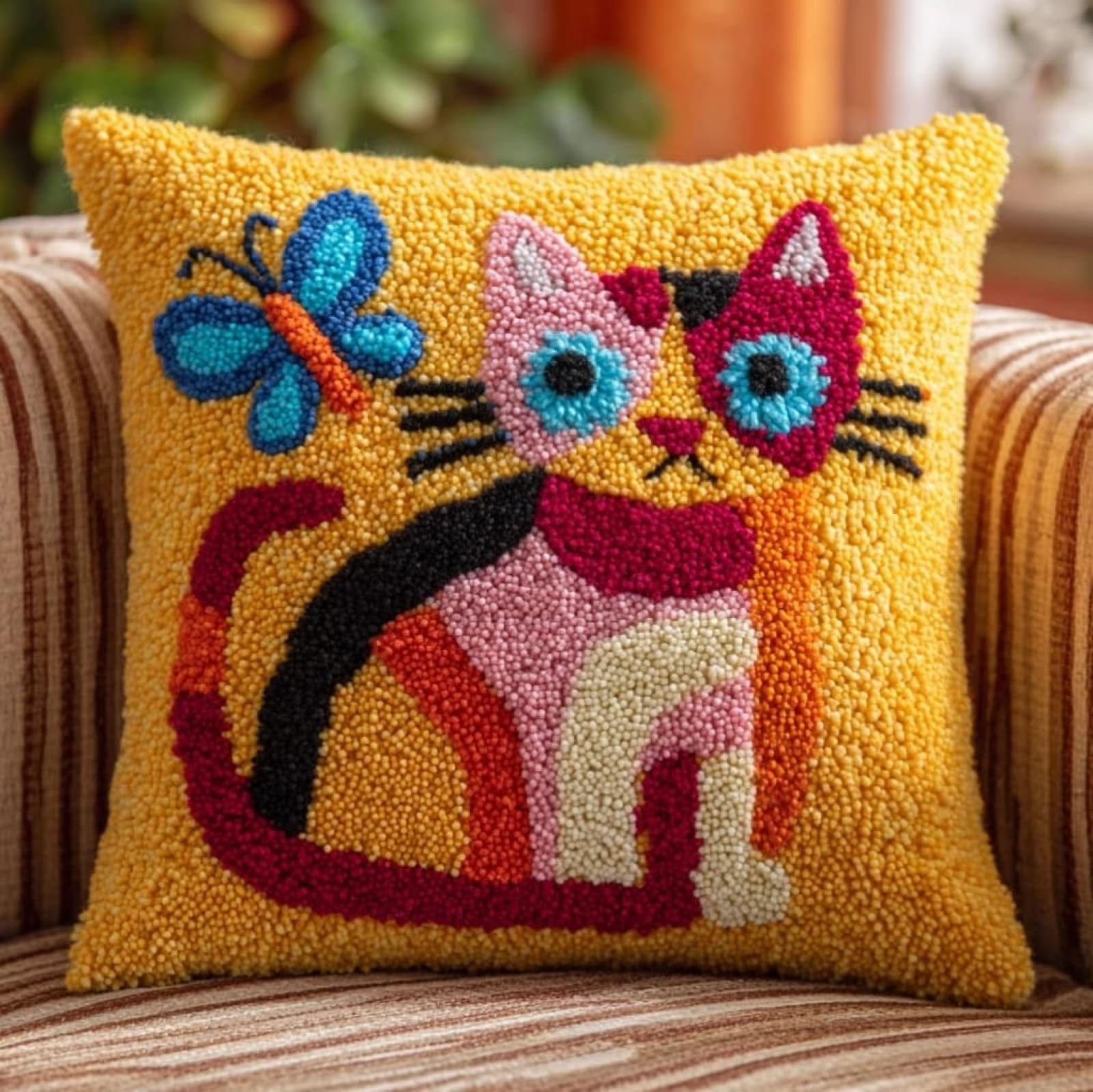 Wallustrioaw Cats And Butterflies Latch Hook Pillow Kit 43X43cm,