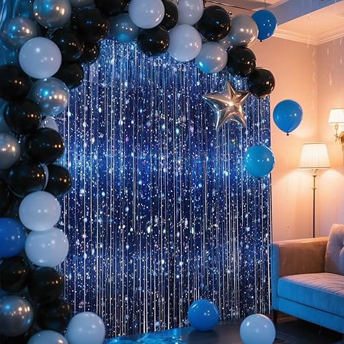 Miniatura 6 de Paquete de 2 cortinas de telón de fondo espacial con flecos de oropel de galaxia, decoración de fiesta de cumpleaños de 3.3 x 6.6 pies, para fondo