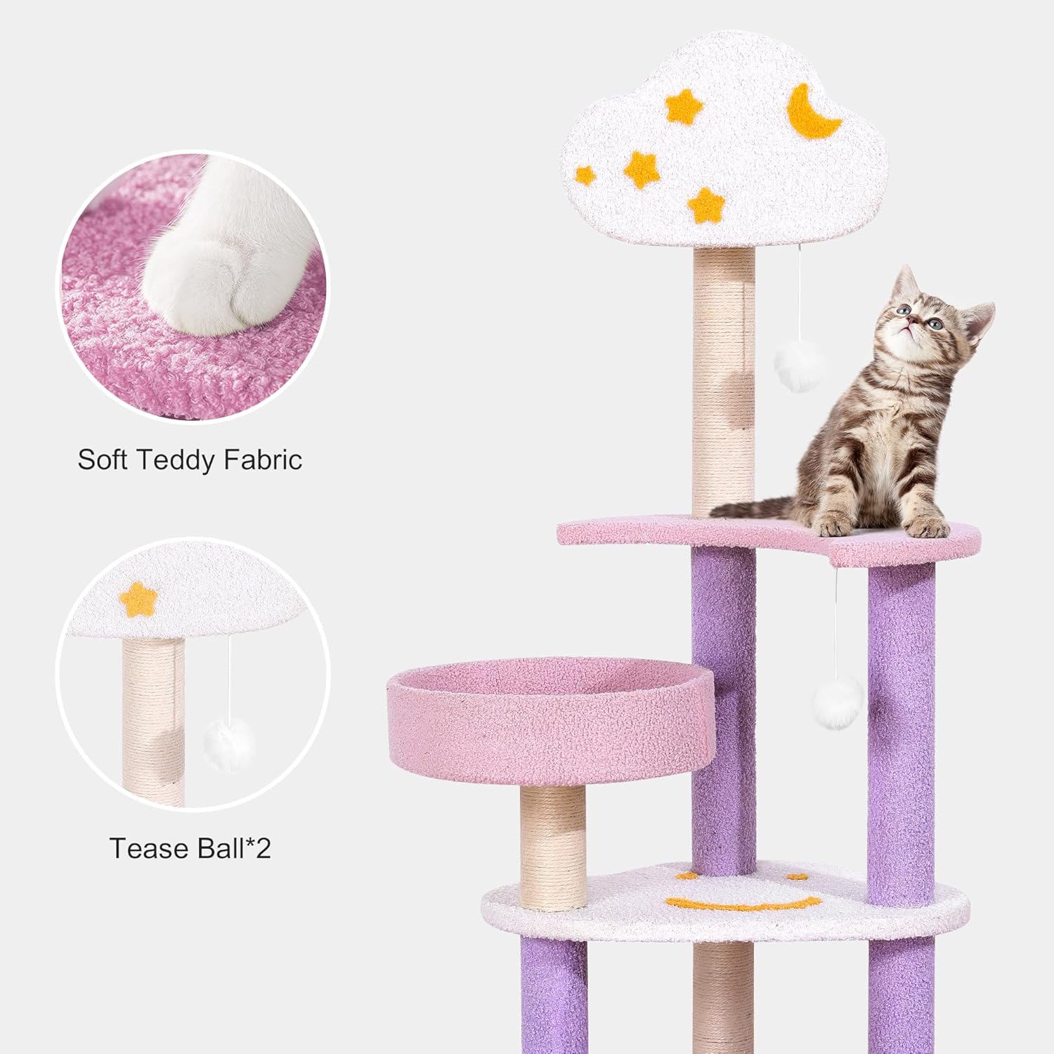 review Cat Tree Cat Tower Update 49in Multi-Level Cat Activity Tree with Scratching Post & Toys with Moon Star Cloud for Kittens Pet House Play Rest, Purple and Pink