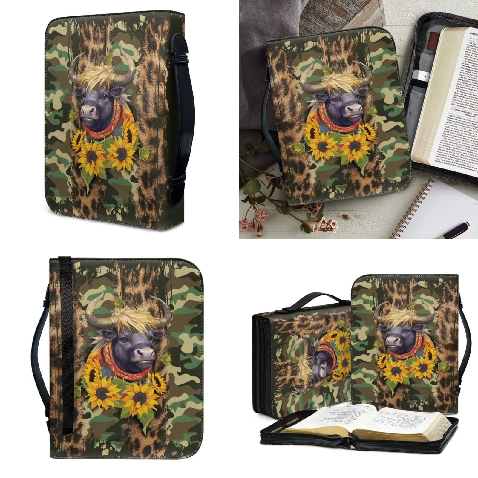 Poceacles Etui na Biblię z uchwytem, motyw jelenia, słonecznika, skórzany pokrowiec na biblię dla kobiet, etui na biblię, etui dla mężczyzn, pokrowiec na książkę biblijną z zamkiem błyskawicznym, duże