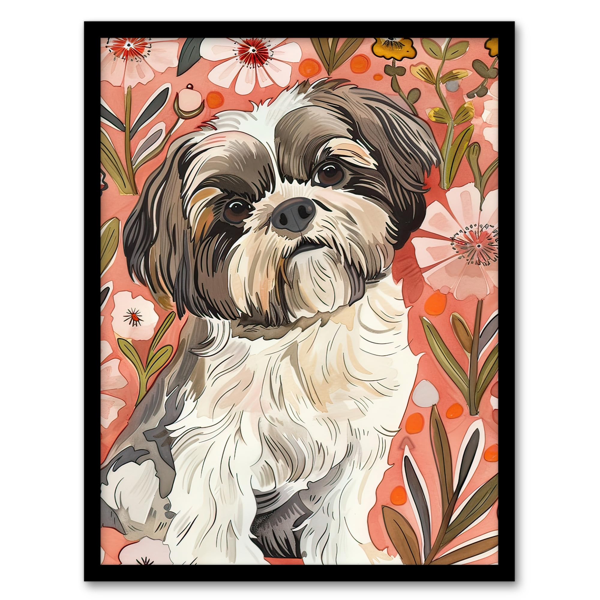 Artery8 Dog Lover Cute Shih Tzu Puppy With Wildflowers Living Room Artwork Framed Wall Art Print A4
