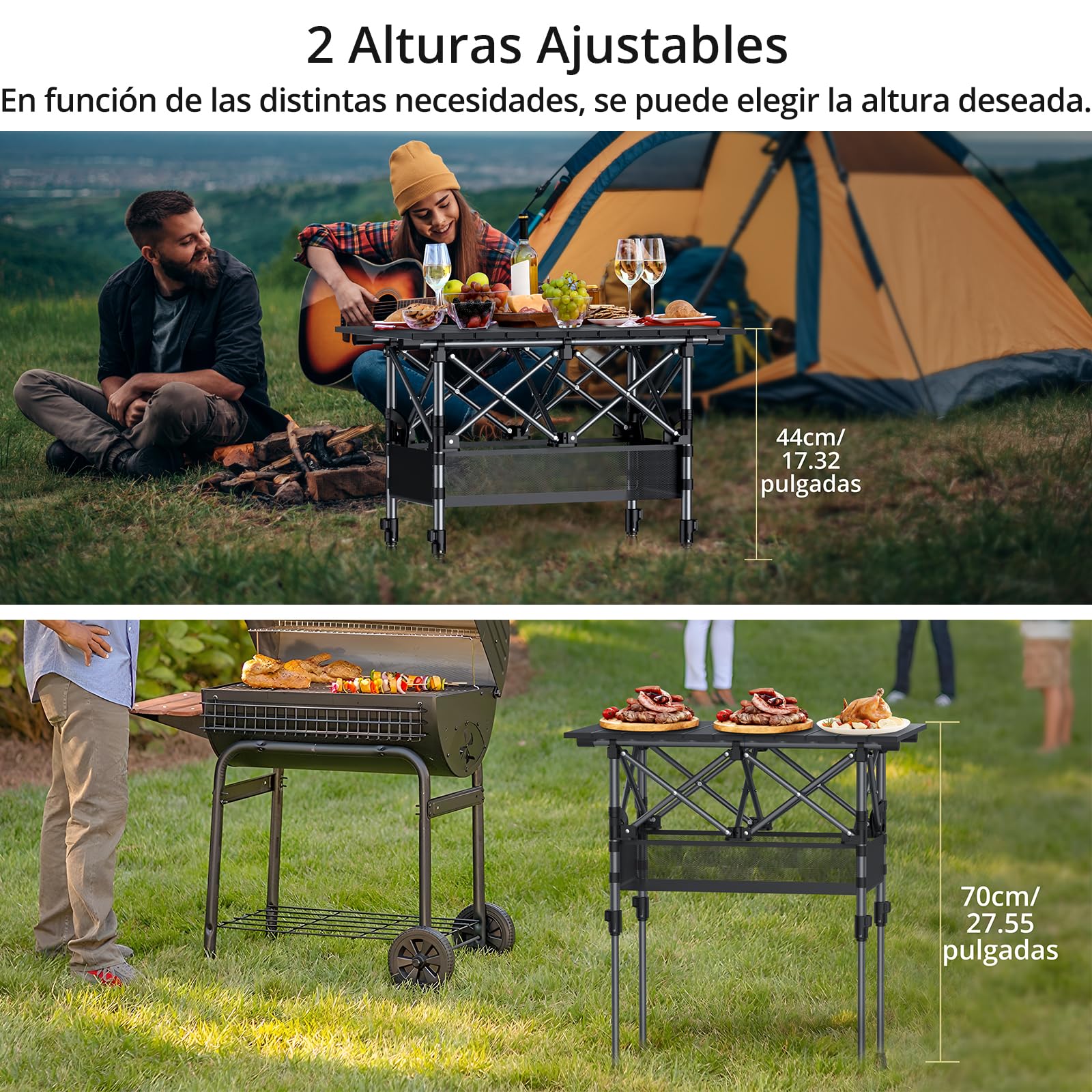 Anbte Mesa Plegable Camping 64 x 40 x 44/70cm, Mesa de Acampada Portátil | Aluminio Impermeablepara Picnic Playa Oficina Balcón Interior-Negro