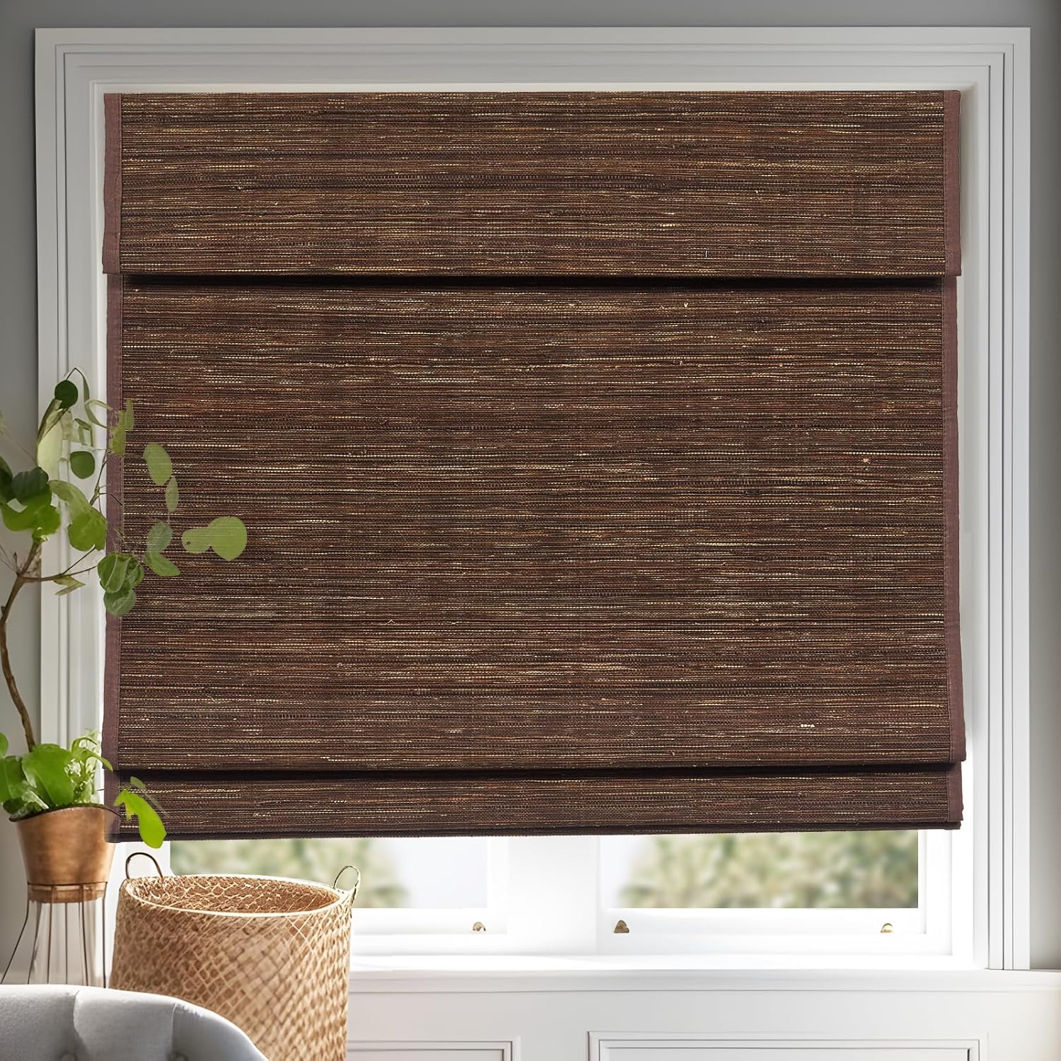 Persilux Custom Cordless Roman Shades for Window Blackout Natural Woven Fabric Privacy Room Darkening Blinds, Thermal Insulated Window Blind for Bedroom, Brown, Light Filtering/Blackout
