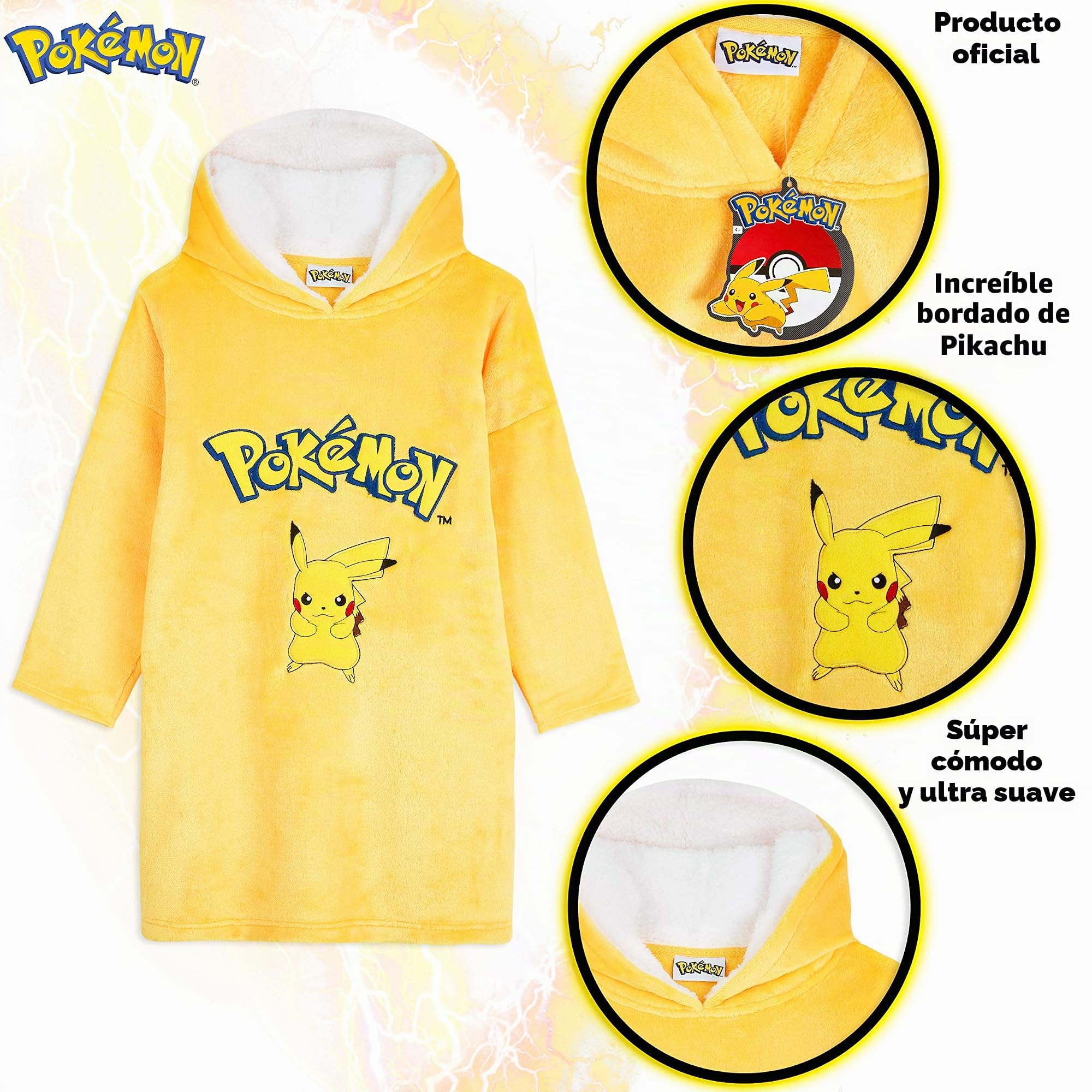 Pokemon Sudadera Niño, Pikachu Sudadera Manta con Capucha de Forro Polar, Sudaderas Oversize para Niños, Regalos para Niños y Adolescentes 7-14 Años