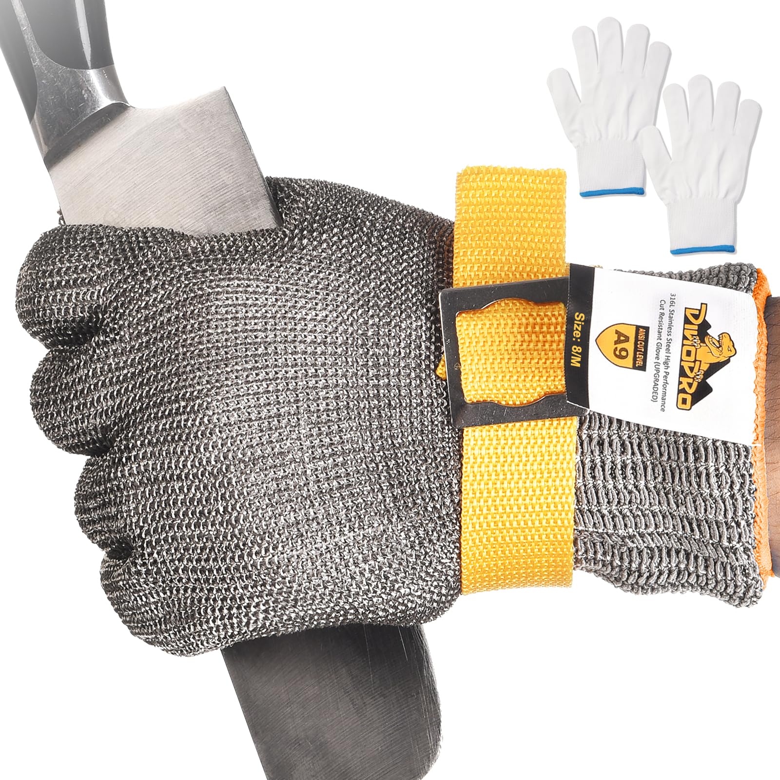 dinopro Upgraded 2.0 ANSI A9 Cut Resistant Metal Glove Food Grade Stainless Steel Mesh Protection for Cutting, Slicing, Kitchen Cooking, Oyster