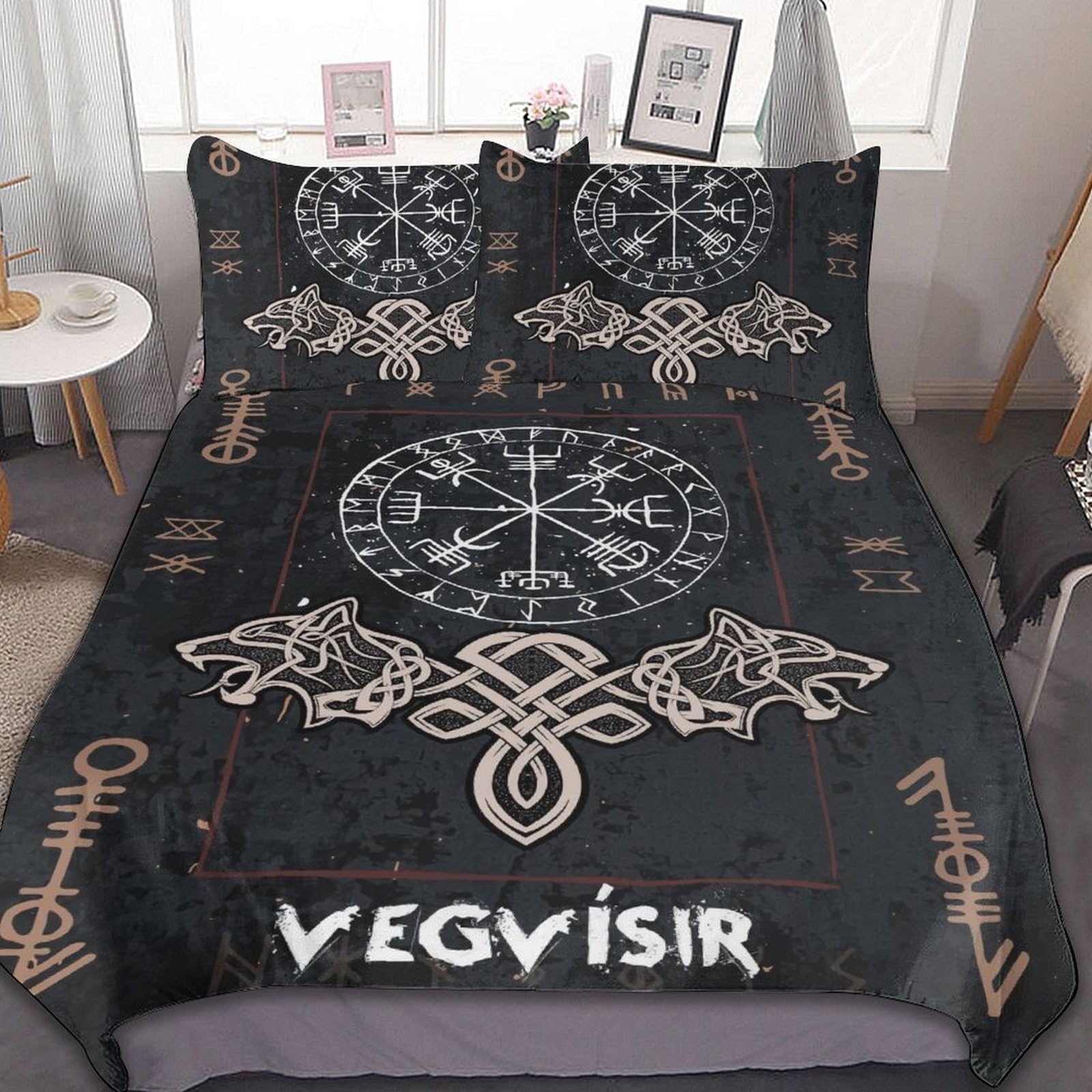 LDZDGD Viking Duvet Cover Queen, Norse Totem Symbols Pattern Quilt Cover, Farmhouse Rustic Bedding Comforter Sets (Color : Valkyrie, Size : 229 x 229CM): 229 x 229CM Viking Compass