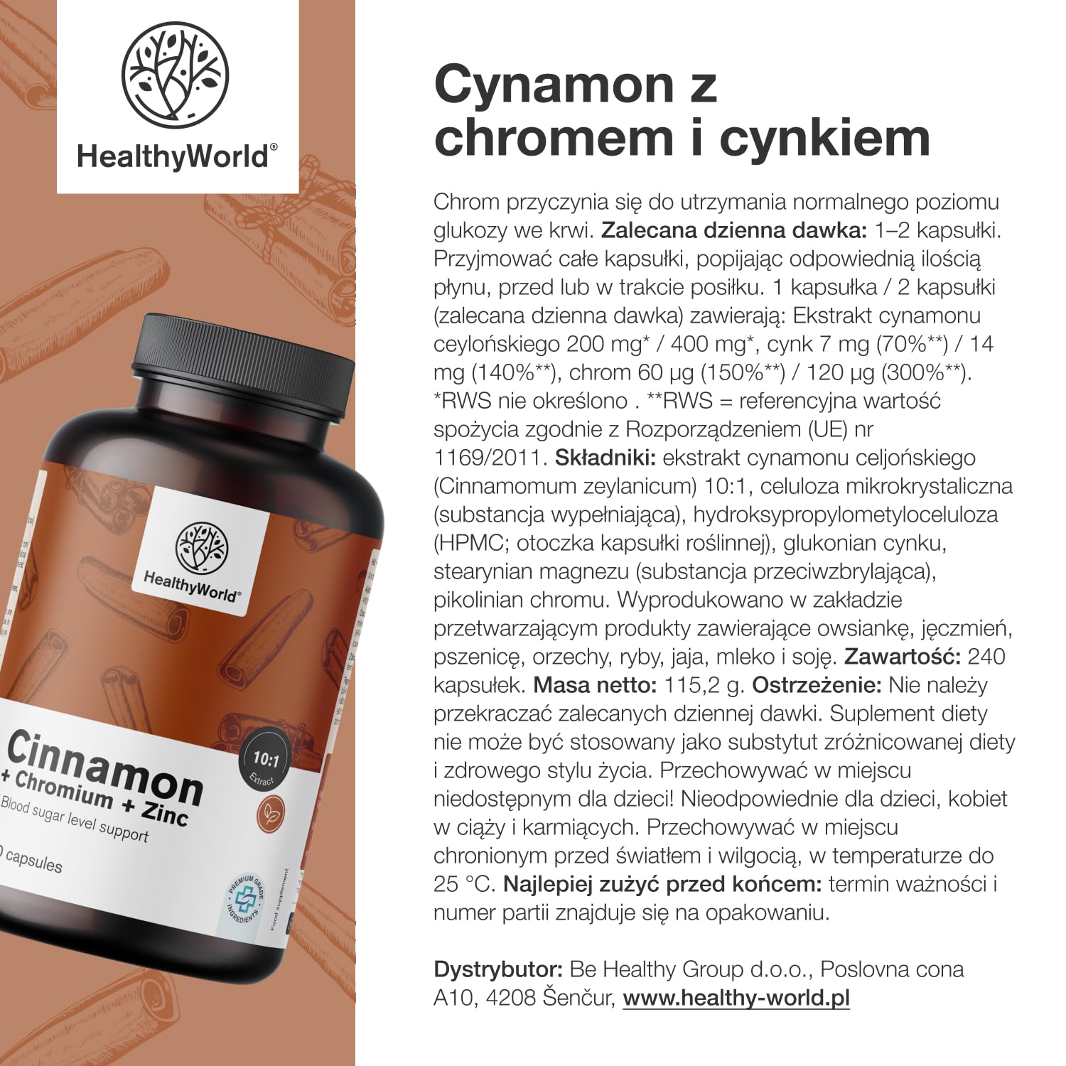 HealthyWorld Cynamon z chromem i cynkiem - 240 kapsułek roślinnych - Wegetariańskie - Wysoka dawka - Zapas na 4 miesiące - Najwyższa jakość - Trzy aktywne składniki - Regulacja poziomu cukru we krwi
