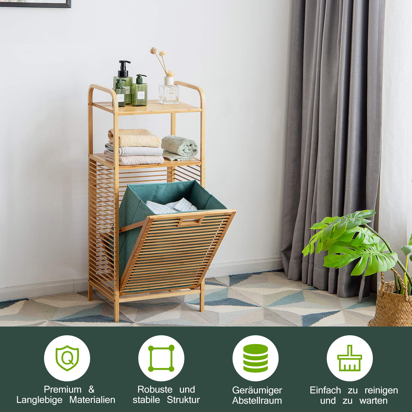 COSTWAY 2-in-1 Bamboe Badkamerplank Met Wasmand - Hoge Kast Met 3 Planken