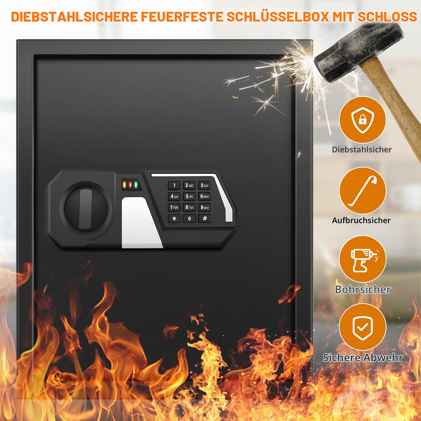 Mejasg Feuerfester Schlüsselkasten mit Zahlencode für 200 Schlüssel, Schlüsseltresor Schlüsselsafe mit Seitlichem Schlüsseleinwurf und Verstellbarer Schlüsselleiste, Schlüsselschrank für Büros Lager