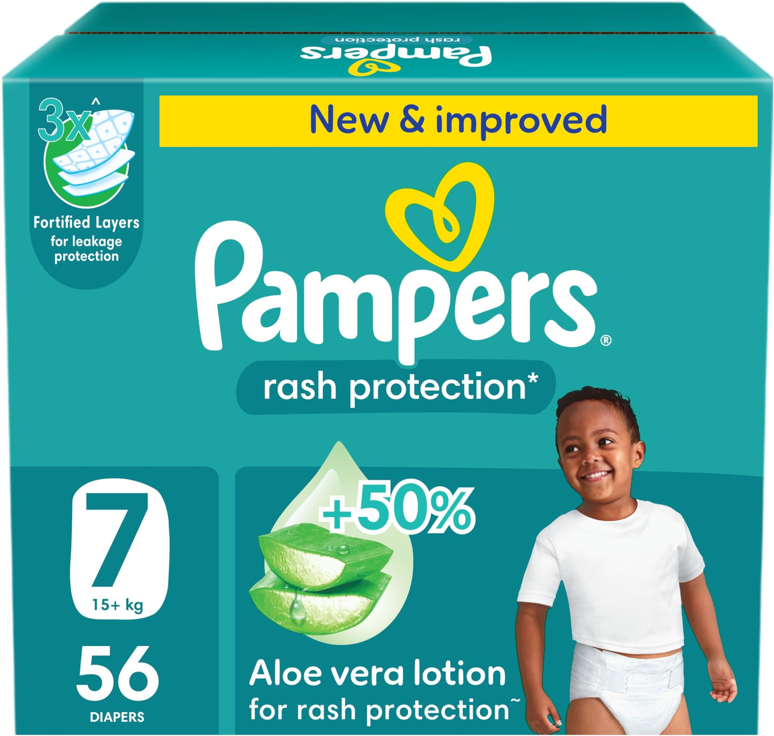 Pampers Rash Protection Taped Diapers, Size 7, 17+kg, +50% Aloe Vera Lotion for Rash Protection, 3x Fortified Layers for Leakage Protection, Jumbo Box, 56 Count