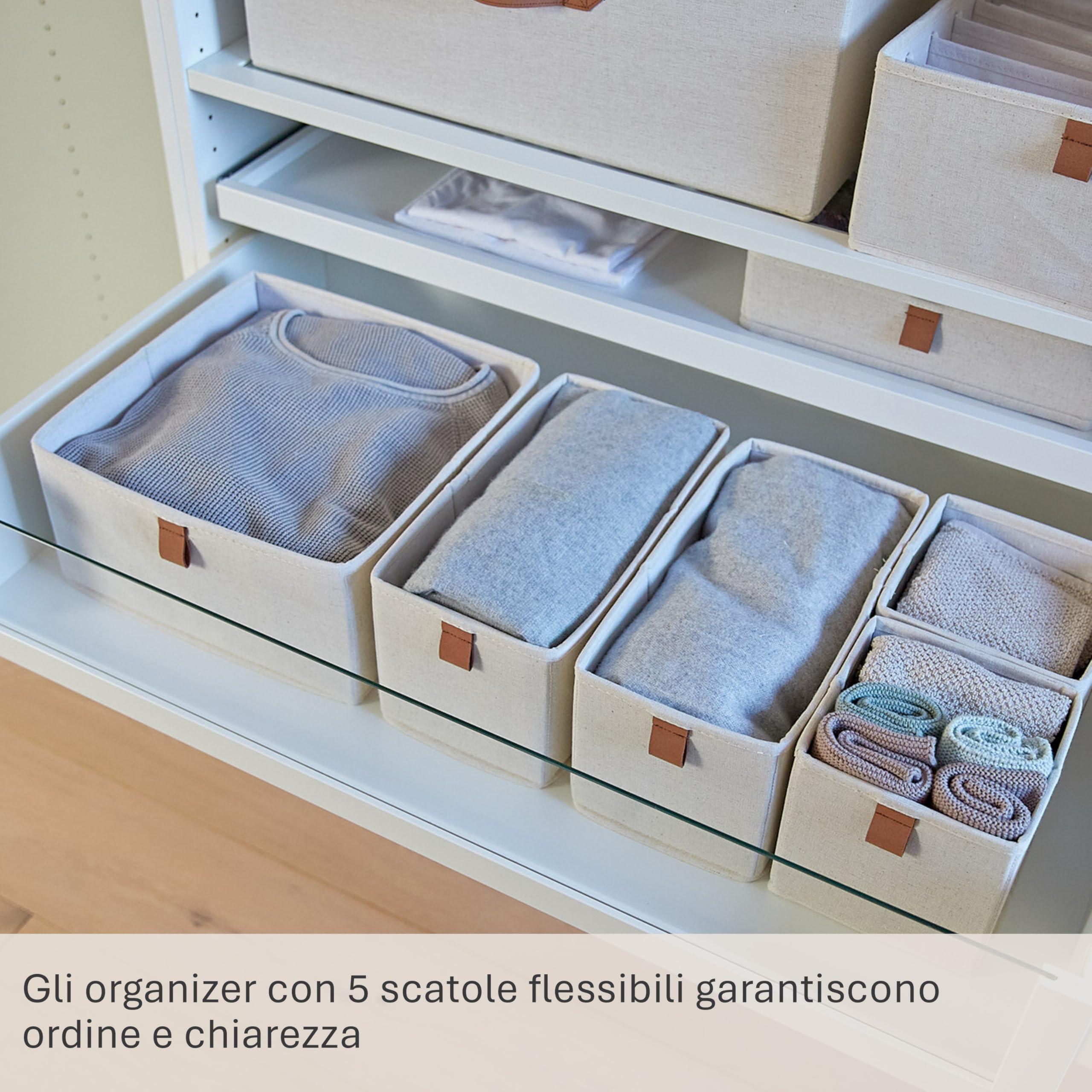 LOVE IT STORE IT Premium Set di 5 Organizer per Cassetti in Tessuto Lino-Cotone - Contenitori Pieghevoli e Rinforzati per Armadi - Beige