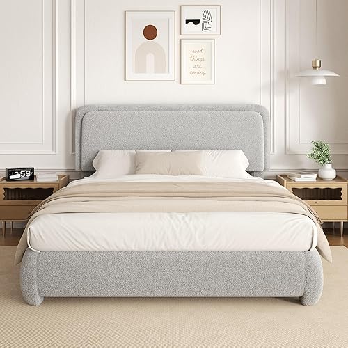 Miniatura 10 de Base de cama de tamaño Queen con plataforma de bouclé, base de cama tapizada tipo nube con cabecera ajustable, esquinas redondeadas anticolisión, no