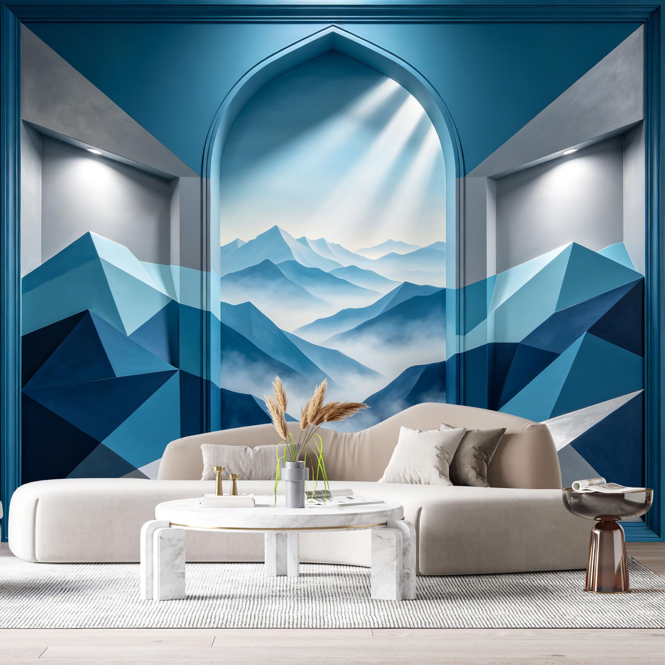 Custom Size Wall Murals Mountain/Lake Abstract Geometric Blue Monochrome 3D Trompe L'Oeil SelfAdhesiveWall Fabric Removable Wallpaper Wall Decor for Living Room Bedroom Bathroom