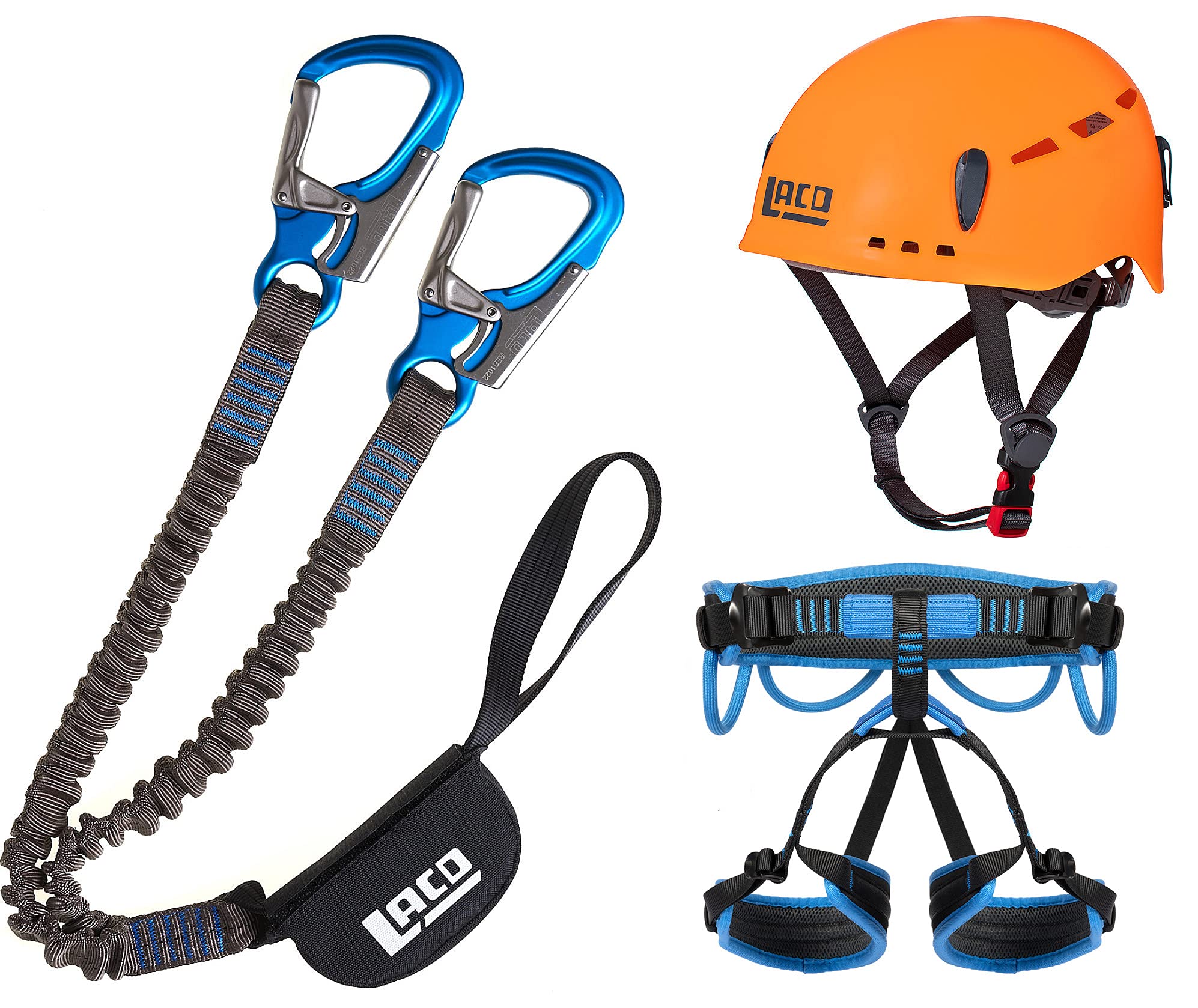LACD Klettersteigset Pro + Klettergurt Start Größe S + Helm Protector 2.0 neon orange