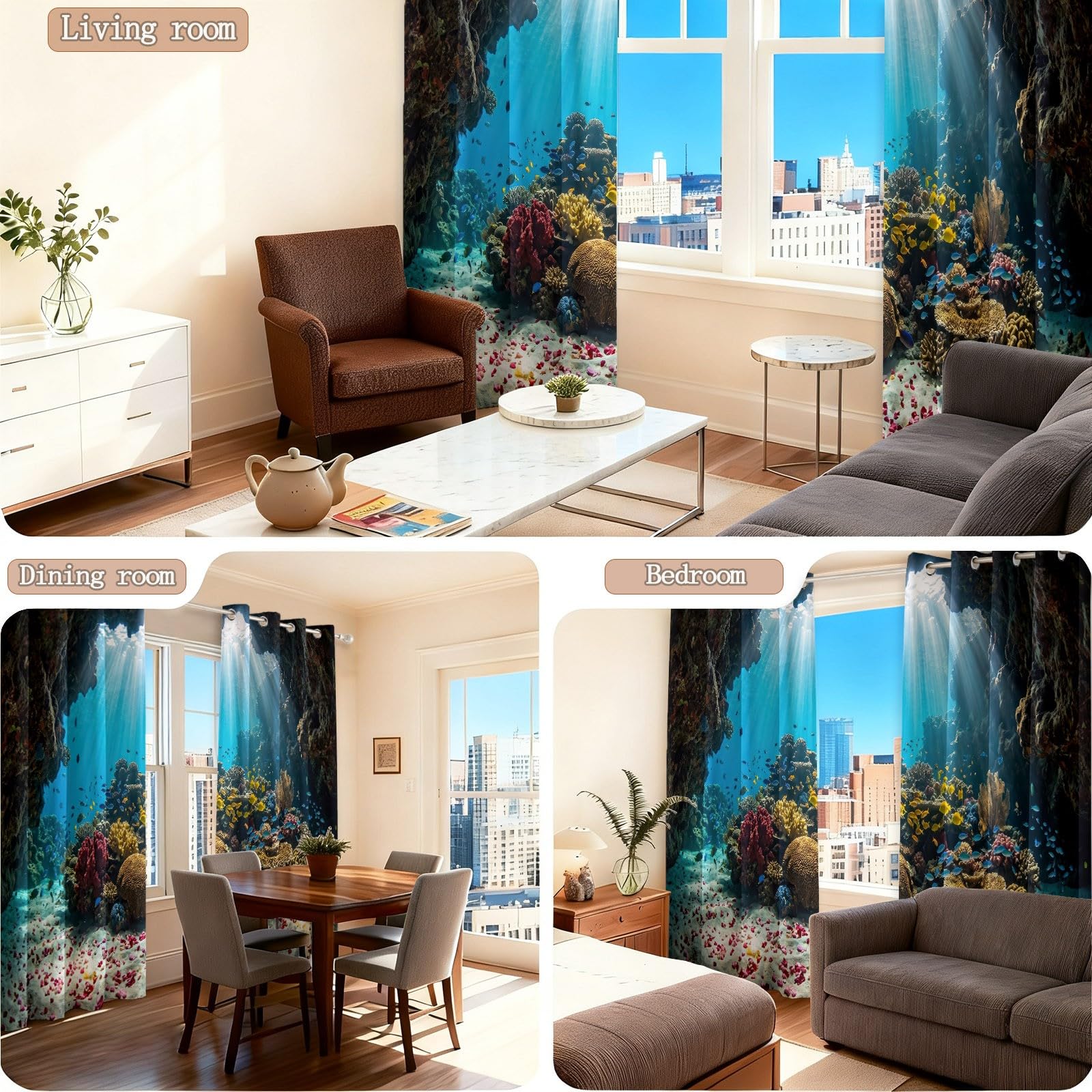 Fotografia 3D, 100% zasłony zaciemniające, zasłony zaciemniające z przelotkami, tropikalna naturalna jaskinia, rafa koralowa, blokowanie światła, zasłony indo, do sypialni, salonu, 140 x 229 cm, 2
