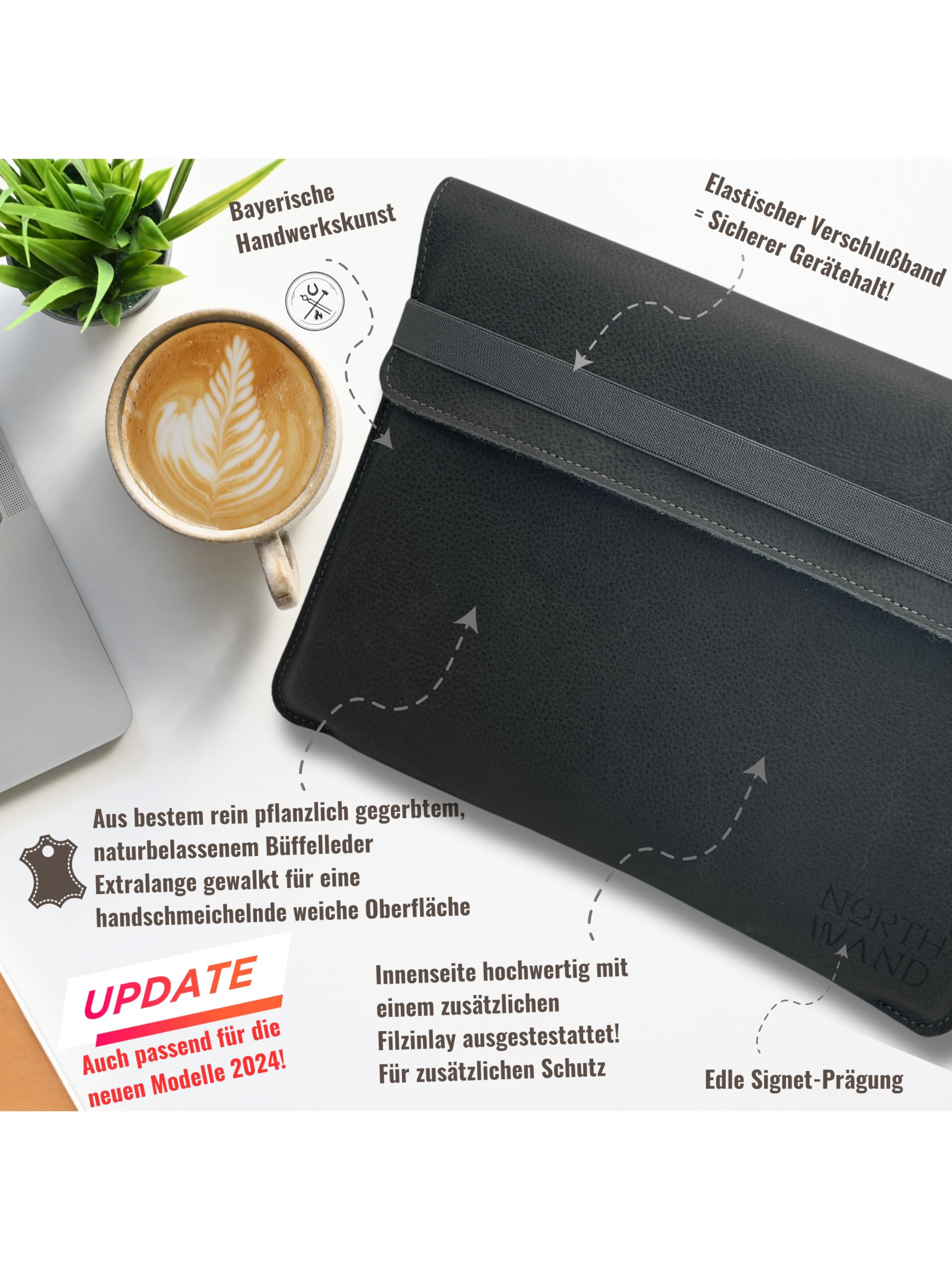 NorthWand Tasche für 11 Zoll iPad Pro (M4 2024 & 4+5.Gen) iPad Air (M2 2024 & 5.Gen) iPad. Hülle, Case ohne/mit Apple Smart Folio, Keyboard. Weiches Büffelleder, Signetprägung. Made in Germany Schwarz