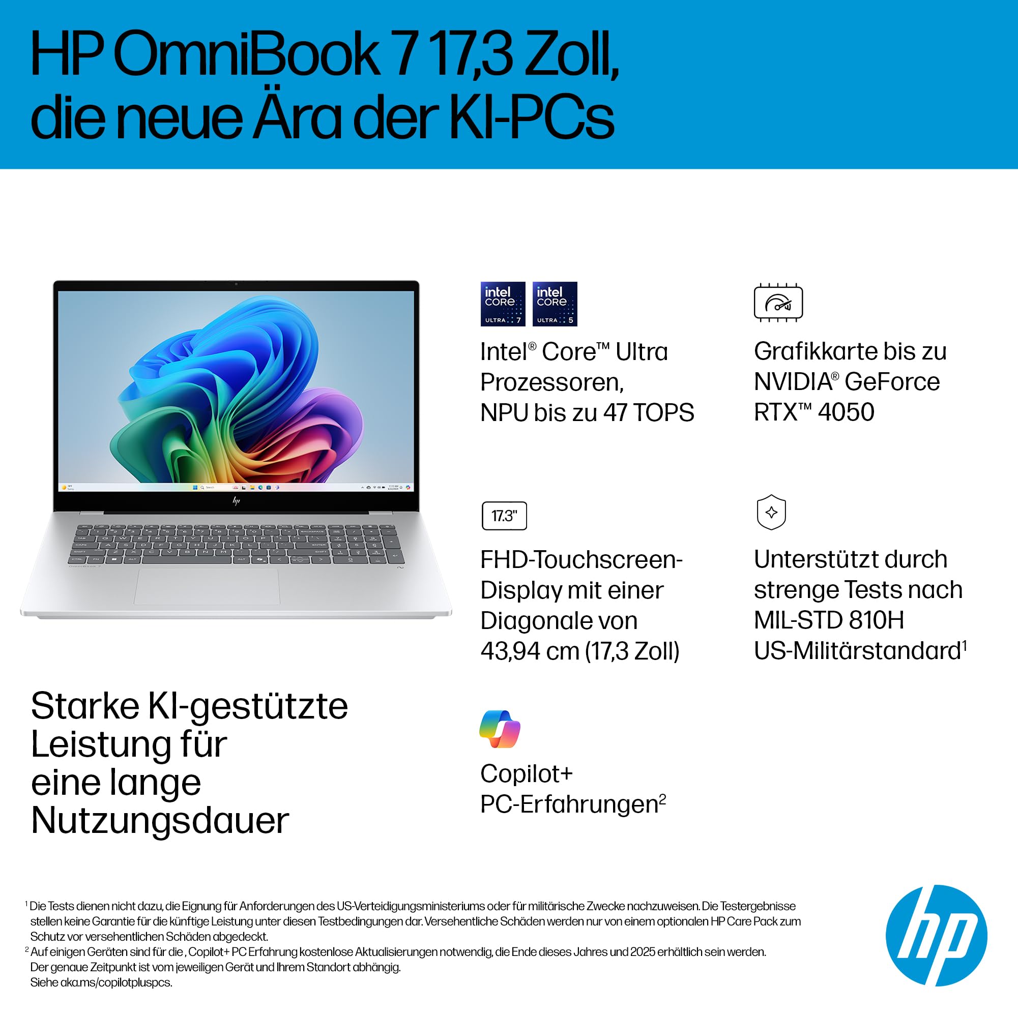HP OmniBook X Flip 2-in-1 Laptop (17.3 Zoll FHD-Touchscreen, Intel Core Ultra 7, Copilot+, 16GB RAM, 1TB, Win11, QWERTZ) - Silber