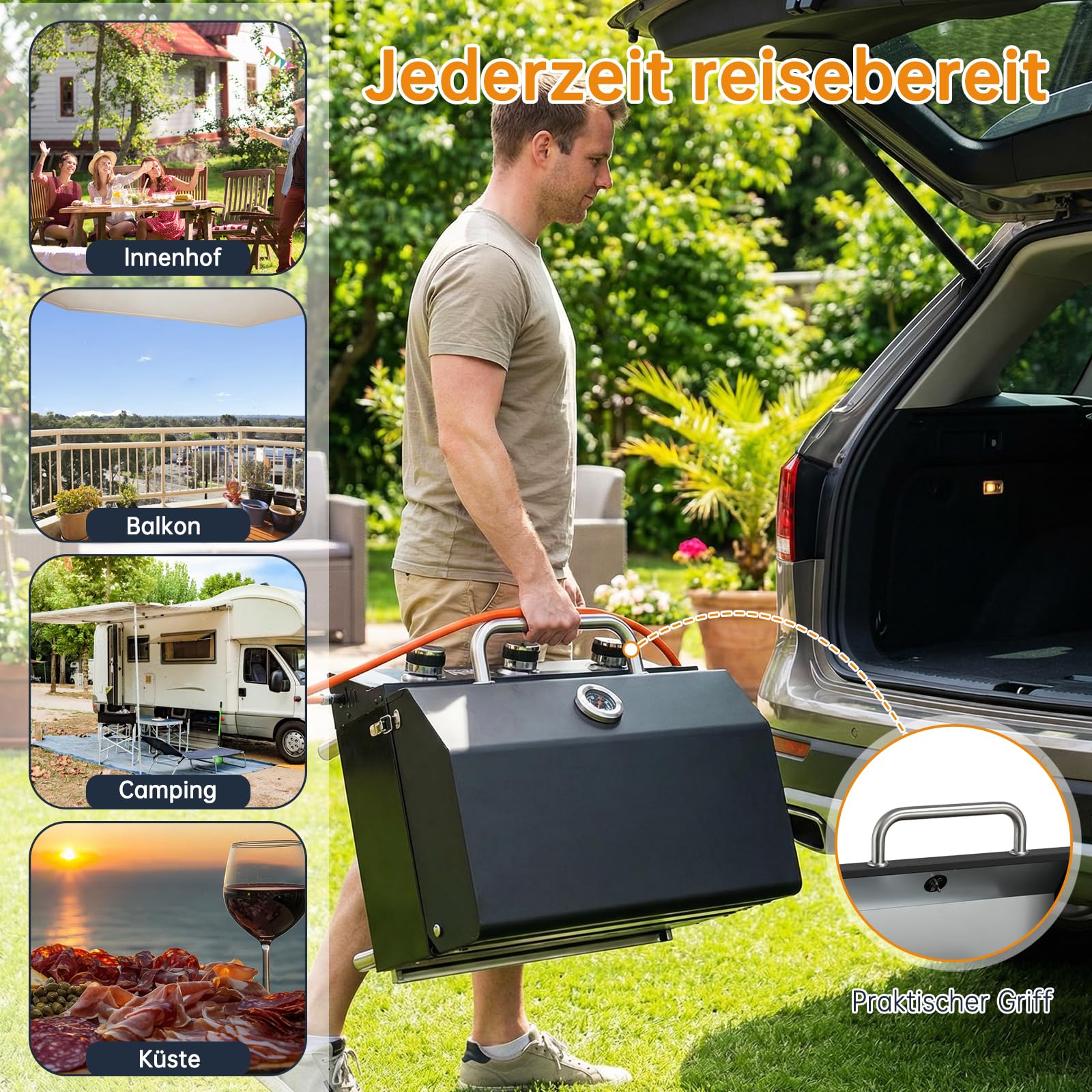 TLSUNNY 3 Brenner Gasgrill Klein, Kompakt Tischgasgrill mit Emaillierter Grillrost, Thermometer, Camping Gasgrill Tragbarer für BBQ, Balkon, Garten, 6.6kW, 60 x 33 cm Grillfläche, 4PCS Füße, Schwarz