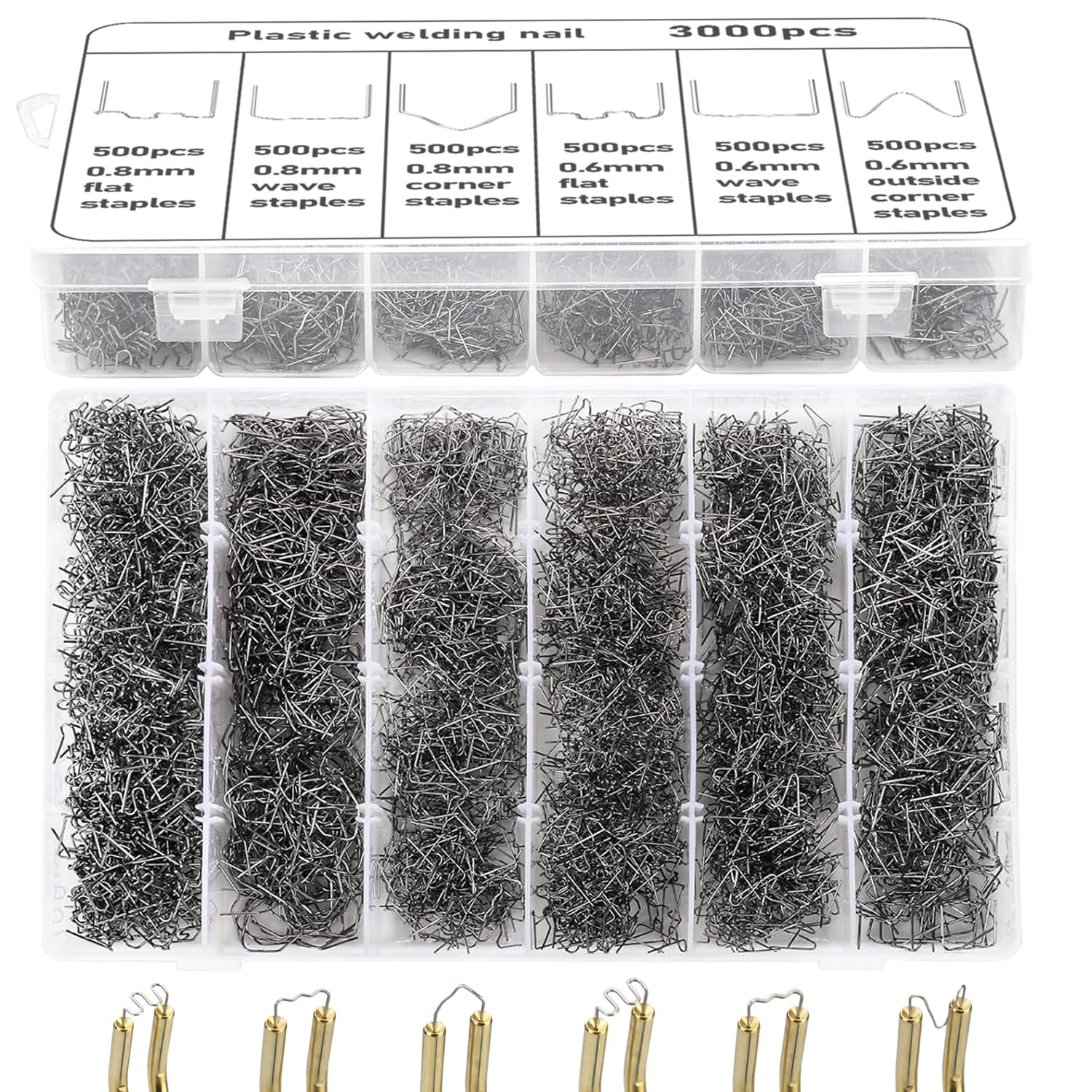 LOSYHU 3000 PCS Plastic Welder Staples Hot Staples Welding Rods with Storage Box 6 Different Shapes Plastic Welding Staples for Repair All Car Bumpers Plastic Cracks Daily Plastics Supplies