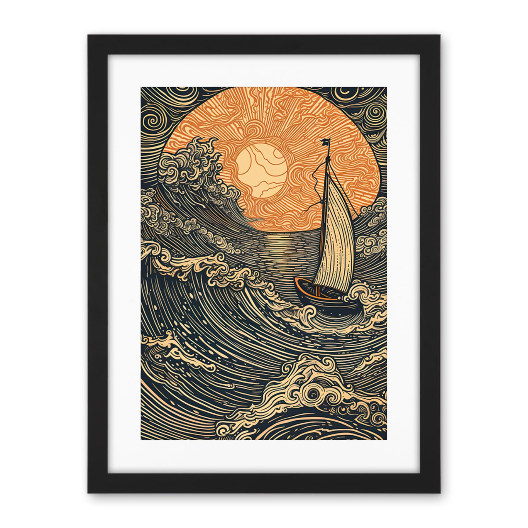 Artery8 Boat Sailing into the Sunset Linocut Illustration Artwork Framed Wall Art Print 18X24 Inch