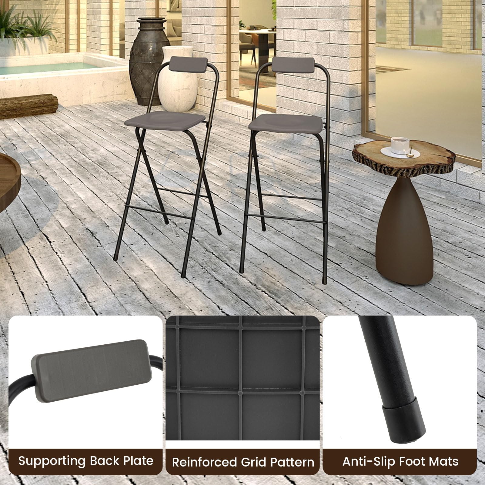 GIANTEX Juego de 2 Taburetes de Bar Plegables, Sillas Portátiles con Respaldo Inclinable, Asiento Curvado y Reposapiés, Carga hasta 150 kg, Taburetes Altos para Balcón, Comedor, Jardín (Gris)