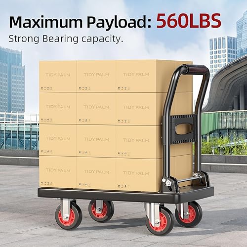 Miniatura 5 de Carrito de empuje plegable mejorado, plataforma móvil de 560 libras de capacidad, resistente ahorro de espacio, ruedas silenciosas TPR de 360 grados