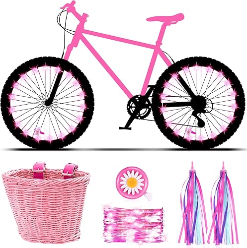 Juego de serpentinas de cesta de bicicleta para niños, cesta de mimbre para manillar de bicicleta con 2 luces LED para rueda de bicicleta,
