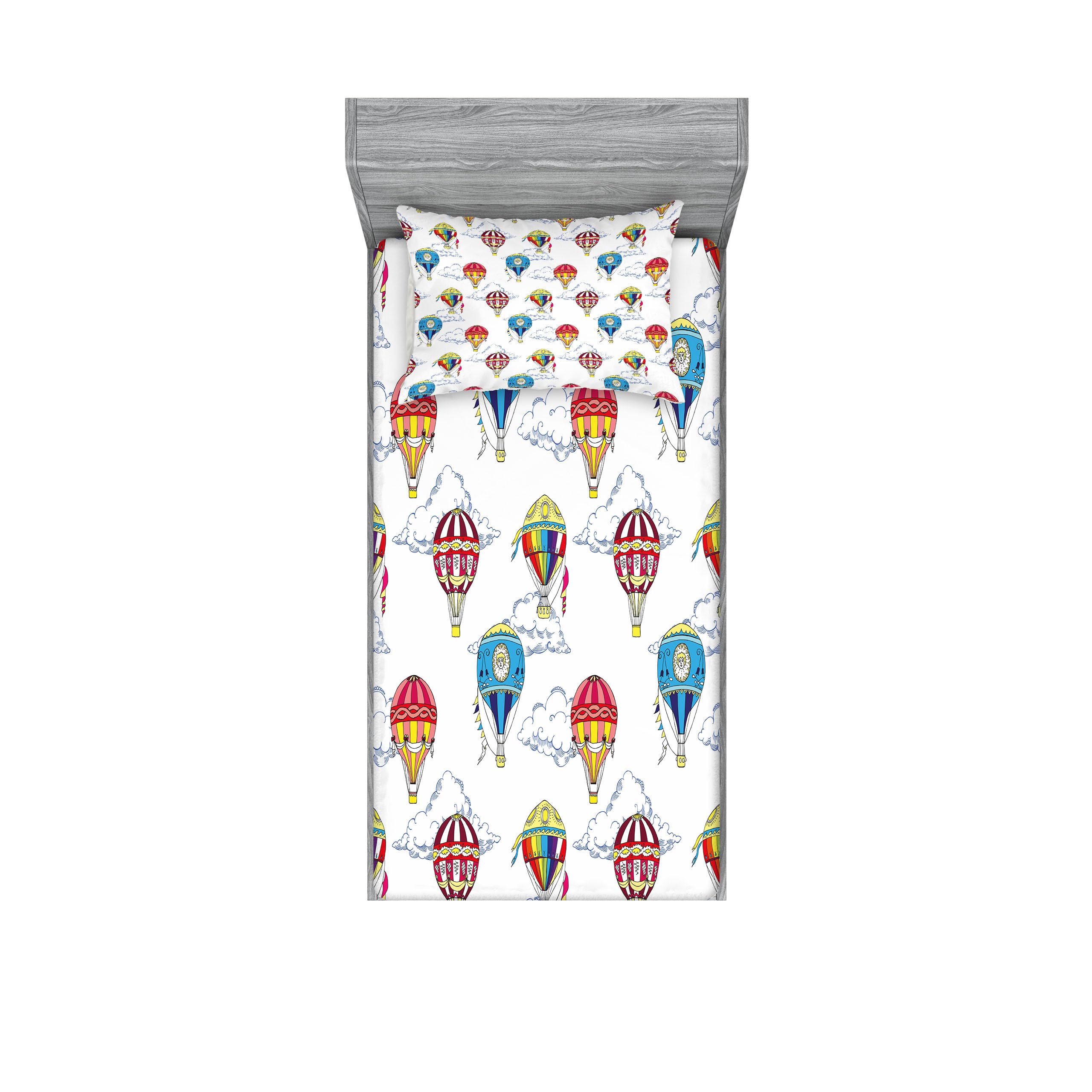Ambesonne Colorful Fitted Sheet & Pillow Sham Set, Hand Drawn Sketches Clouds and Hot Air Balloons Playroom, Decorative Printed 2 Piece Bedding Decor Set, Twinxl, White Multicolor