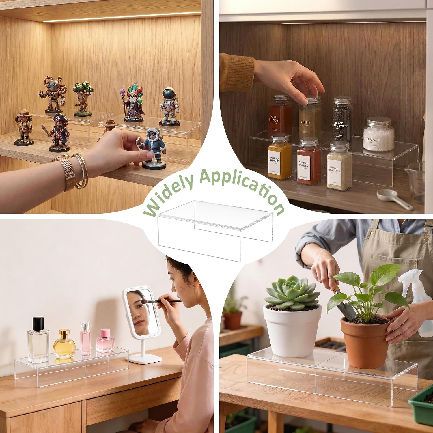 Acrylic Shelf Riser 6x4.3x2 pack of 2, Clear Display Shelf 6” for Figure, Cosmetics, Bags, Shoes, Toys, Collectibles, 6x4.3x2 Inch