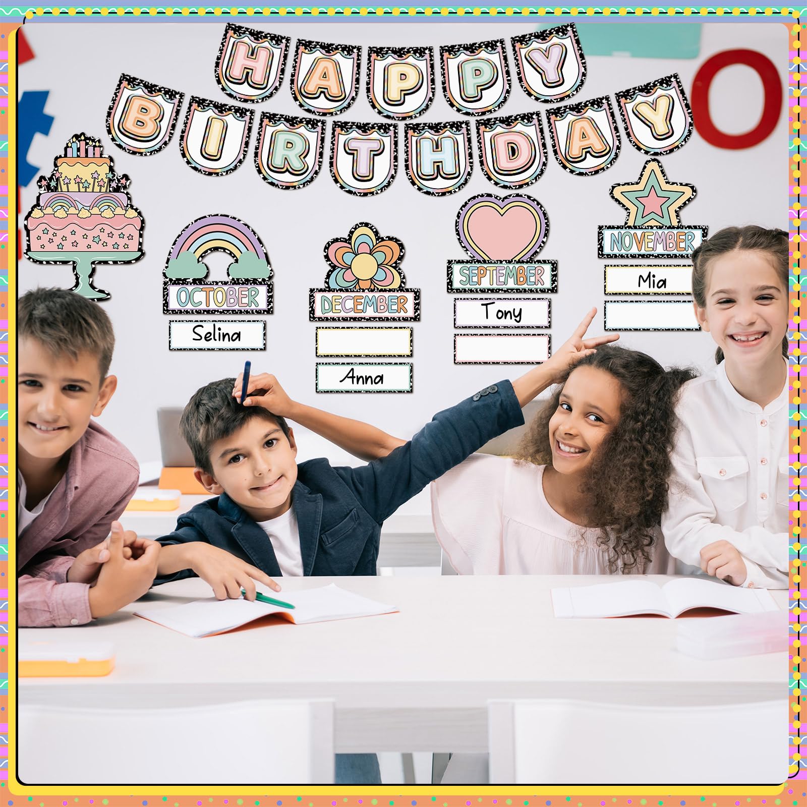 Humyoun Klassenzimmer Happy Birthday Chart für Klassenzimmer Regenbogen Schwarz Punkt Pinnwand Schild Geburtstag Poster Dekoration für Pinnwand Kreidetafel Wanddekoration Schulbedarf (niedlich)