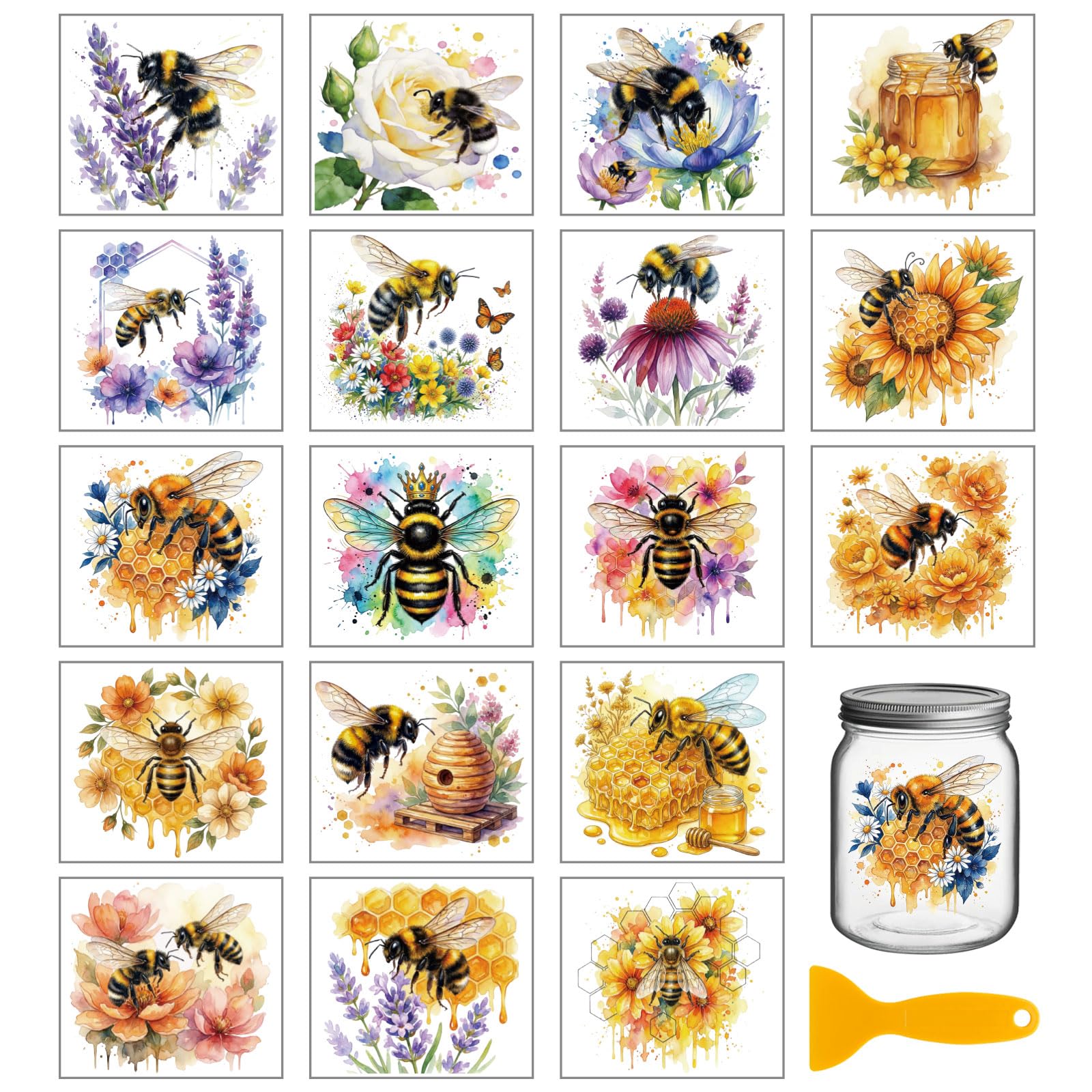 GLOBLELAND 18 Sheets Bee Flowers Rub on Transfer 3.9x3.6 inch