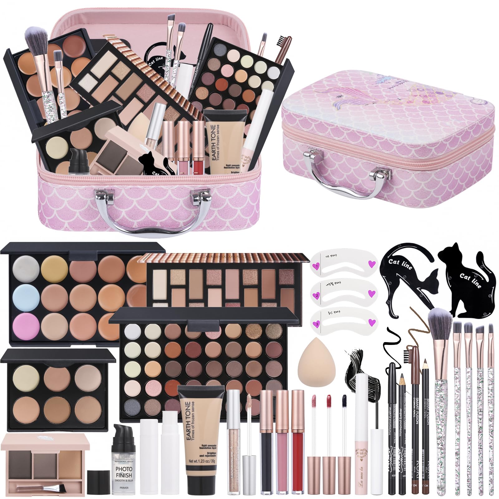 Travel Makeup Kit, Makeup Set For Teen Girls, Make up Gift Set For Women with Makeup Box, Eyeshadow Palettes, Foundation, Concealer, brushes set (