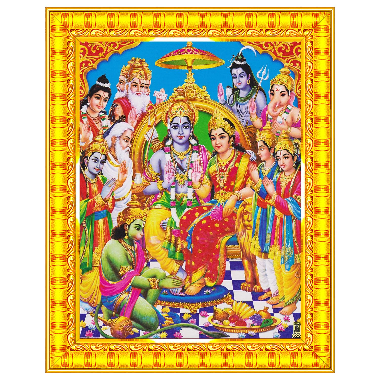 Pavan Photo Laminations Ram Darbar Lord Shri Rama Sita Parivar Family Wall Painting Framed Home Decor (Wood,Matte,Gold,Big Size,10 x 12 Inch) R745M
