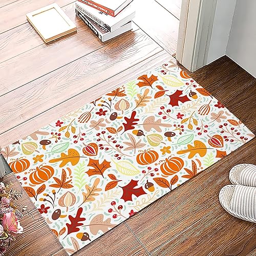 Thanksgiving Harvest Pumpkins Entrance Floor Mat Personalized Doormat Fall Maple Leaf Welcome Door Mat Low Profile Non-Slip Entry Rugs for Bathroom