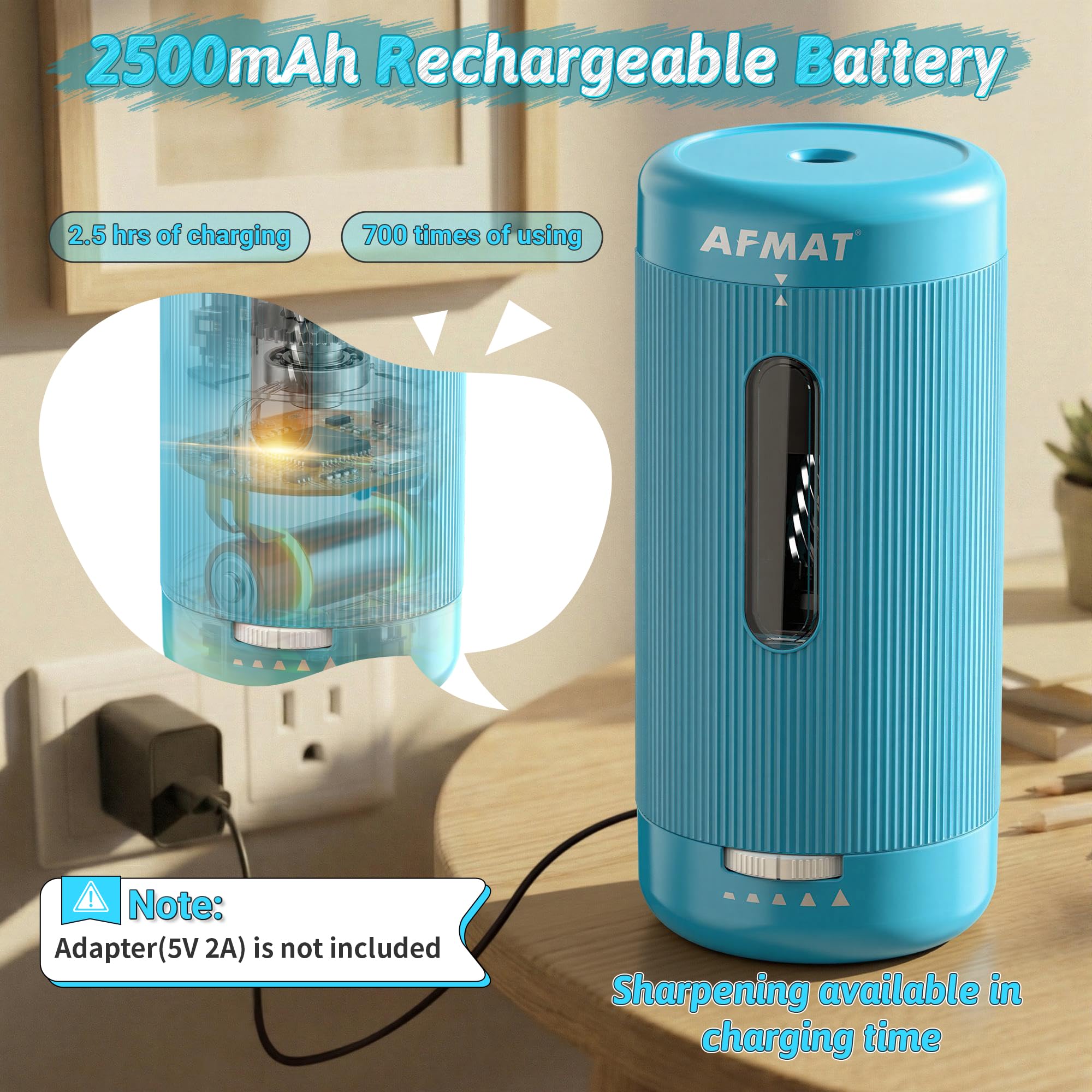 AFMAT Vollautomatischer elektrischer Bleistiftspitzer, automatisches Ein- und Ausschalten, wiederaufladbarer freihändiger Bleistiftspitzer für Jumbo- und Buntstifte (6,5–12 mm), tragbar für Zuhause