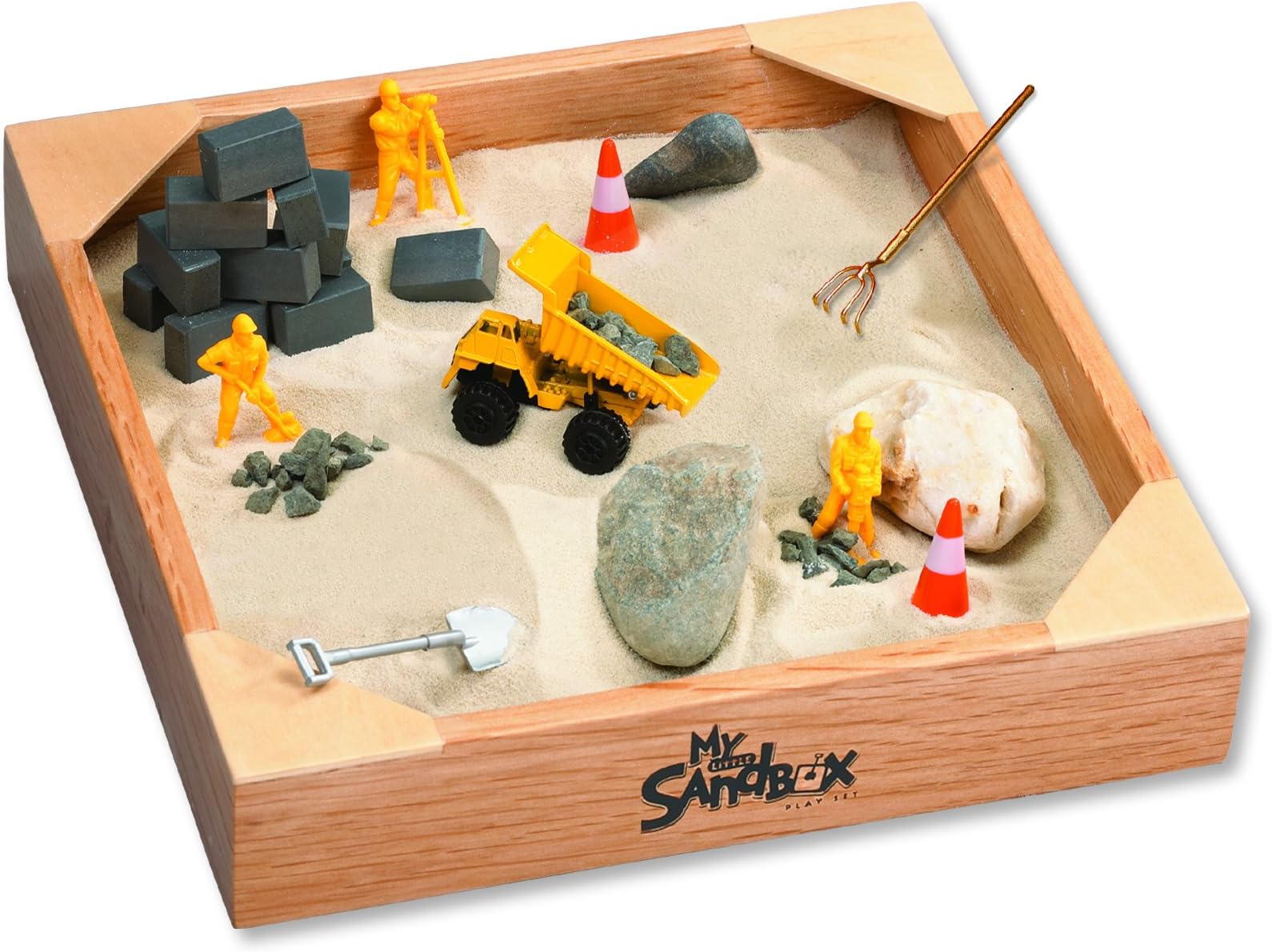 Tabletop Big Builder Construction Playset - Natural Ultra Fine Play Sand and Over 20 Accessories - 10” x 10” Wood Sandbox Tray - Includes 20” x 20” No Mess Play Mat - Ages 3+