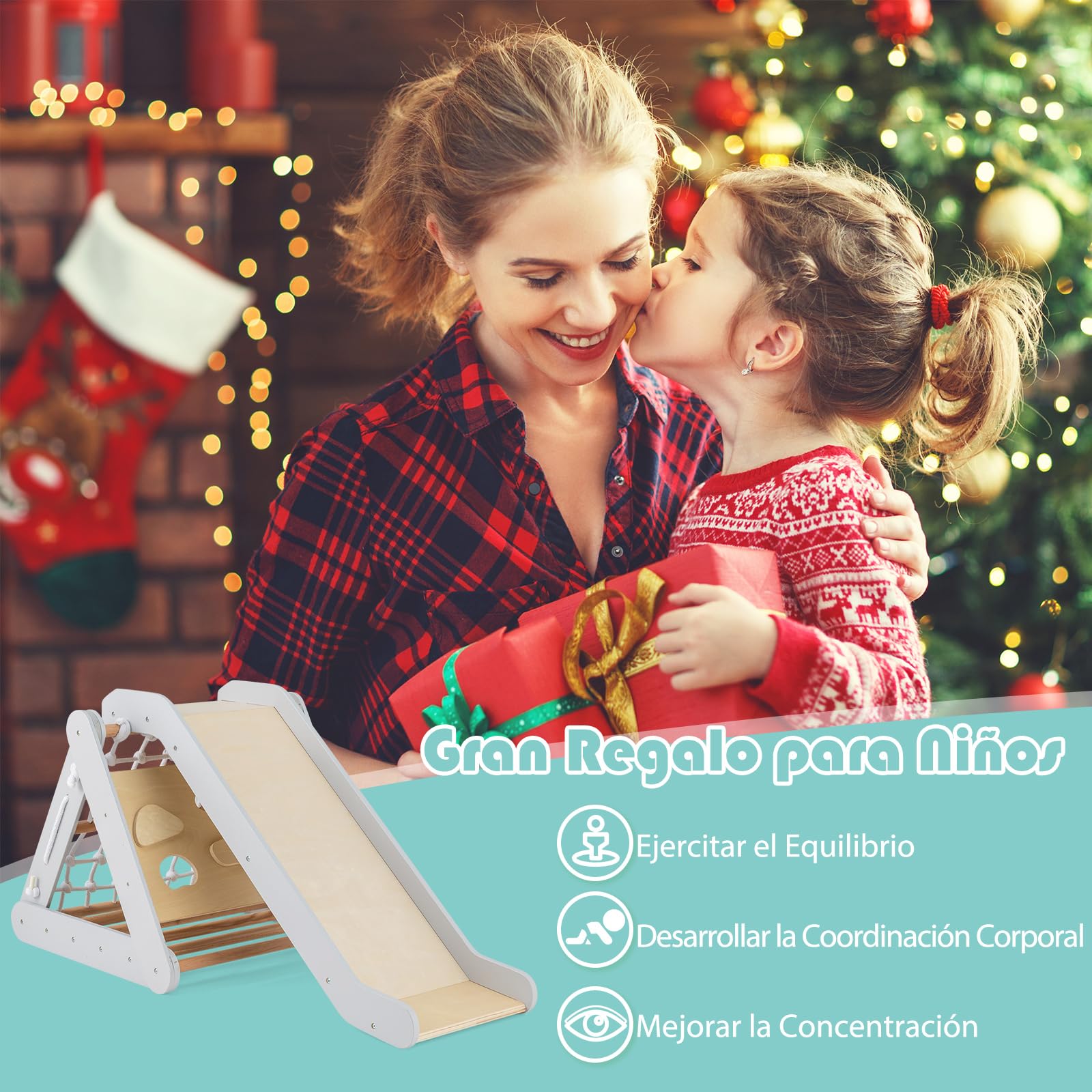 GOPLUS Triángulo de Escalada Montessori para Niños con Red de Escalada, Tabla y Escalera, Piedras con Tobogán, Capacidad de Carga 50KG, Zona de Juegos de Interior para bebés a Partir de 1 año (Gris)