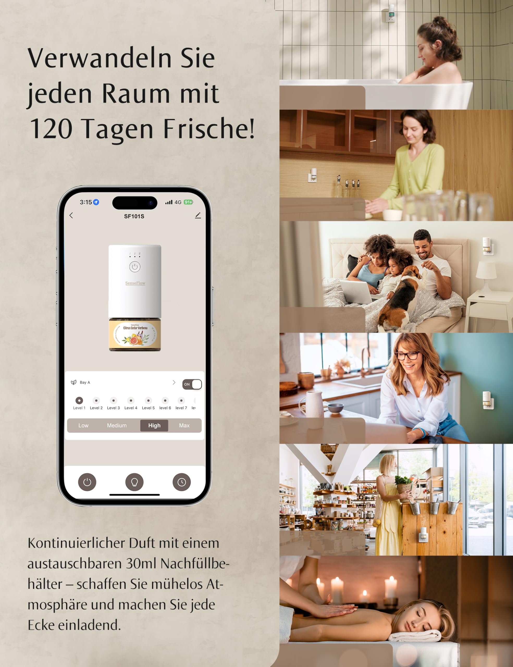 Aroma Diffuser für Ätherische Öle Wi-Fi SF101S Pro, Wasserloser Ultraschall Duftstecker Raumduft, 100% pflanzlich Lufterfrischer, 120 Tage Aroma für Zuhause bis zu 100 m²- Amberholz-Gewürz