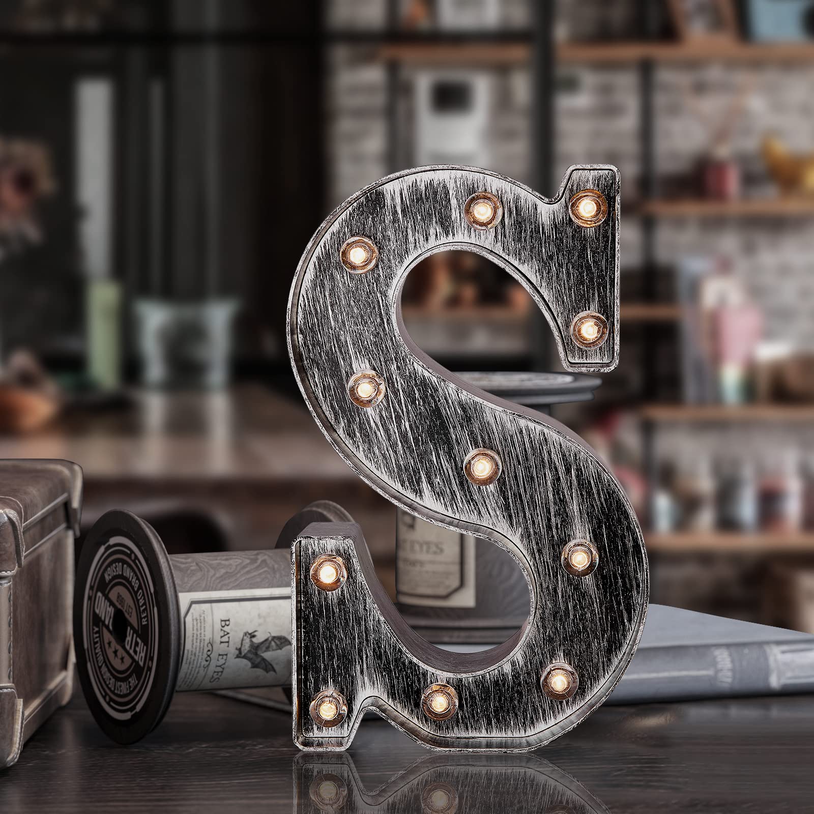 YOUZONERetro Led Marquee Letter Lights - Industrial, Vintage Style Light Up Letters Alphabet Sign for Cafe Wedding Birthday Party Christmas Lamp Home Bar Initials Decor - S