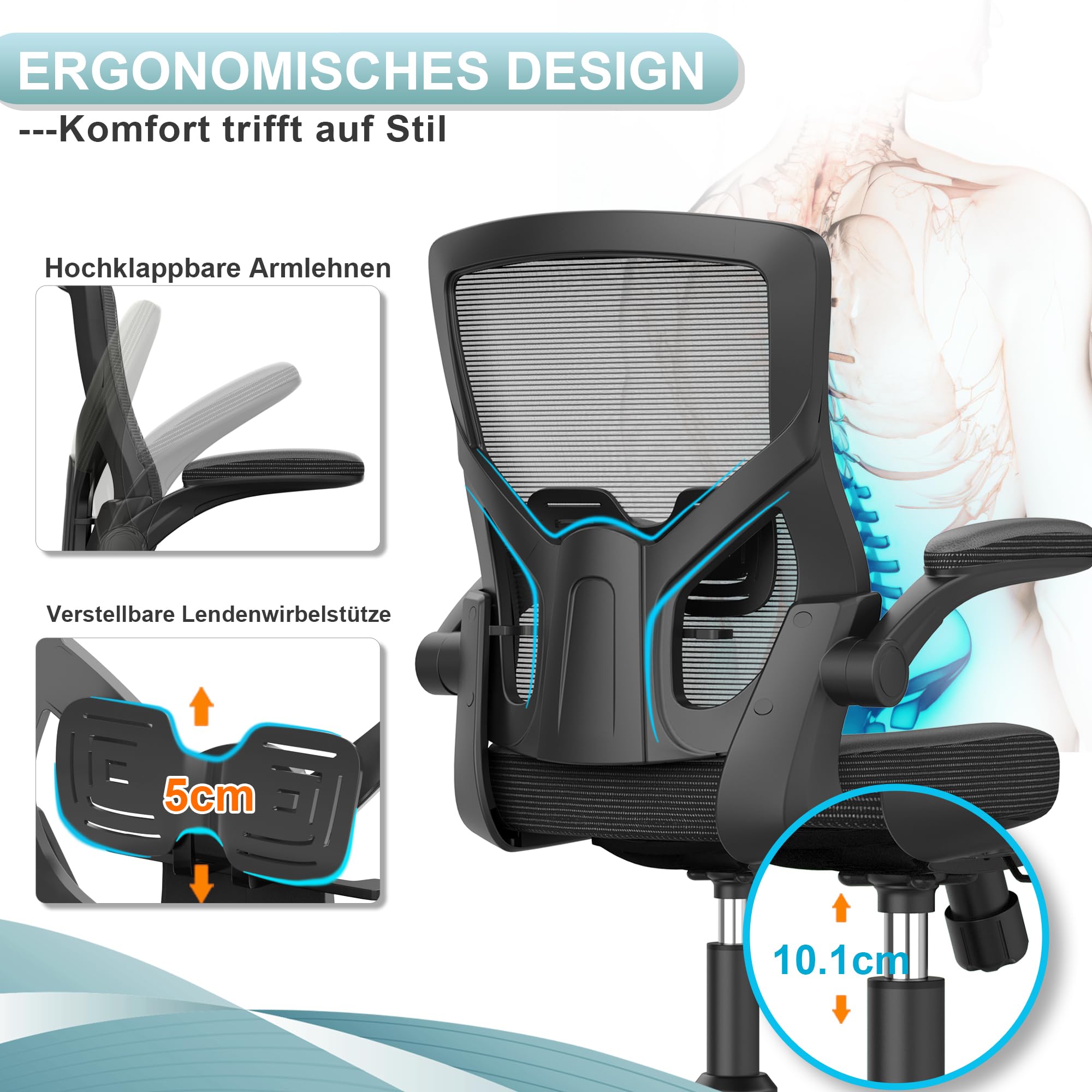 CYKOV Homeoffice Bürostuhl Ergonomisch Klappbare Armlehne Wasserfallsitz | S-Kurve Wirbelsäulenstütze, 4-fach Arretierung 90°-135°, SGS-zertifiziert 150kg Tragkraft, Lendenwirbelstütze verstellbar