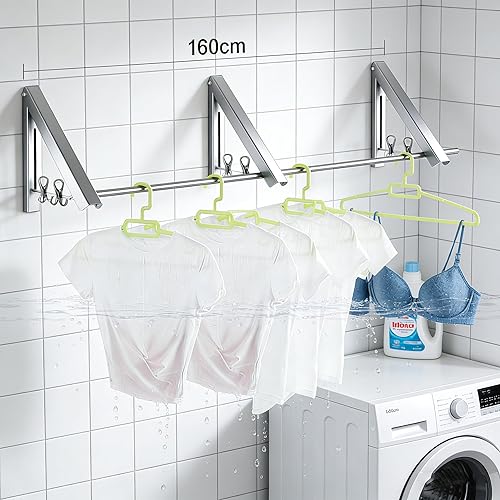 Miniatura 5 de FOLAI Estante de secado de ropa plegable sin taladros de 3 piezas, barra transversal de 63.0 in, adecuado para dormitorio, baño, uso en interiores y