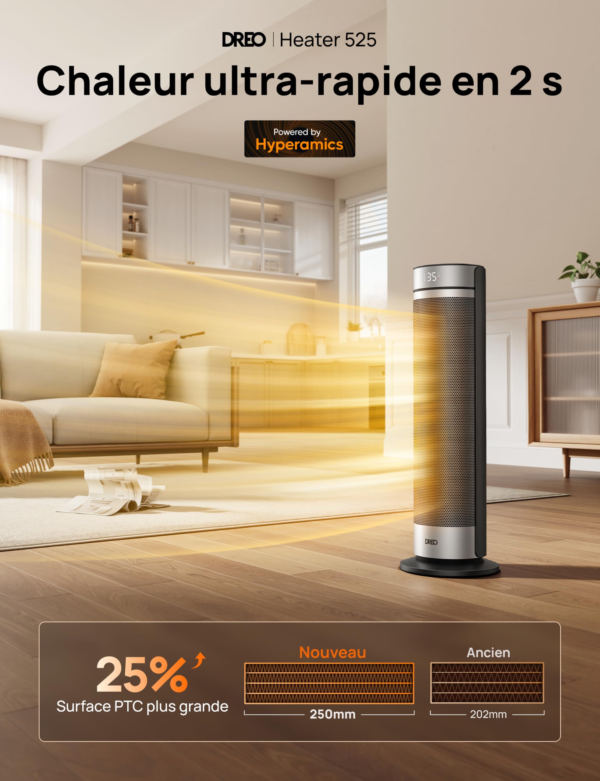 DREO Chauffage Tour 23 Pouces 2000W Silencieux, Radiateur Portable avec Télécommande, Oscillation 70°, Minuterie 12H, 5 Modes, Chauffage Céramique PTC avec Thermostat pour Bureau et Grande Pièce