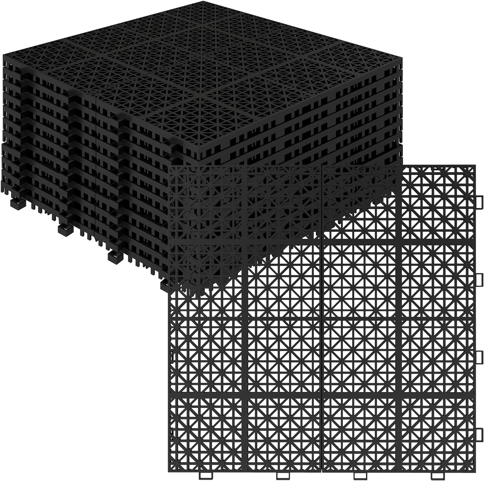 12PCS Plastic Interlocking Deck Tiles, 12"x12" Plastic Deck Tiles Outdoor All Weather, Non-Slip Drainage Plastic Tiles for Patio Bathroom Balcony Porch Garage, Supports 6613 LBS, Rosette Black