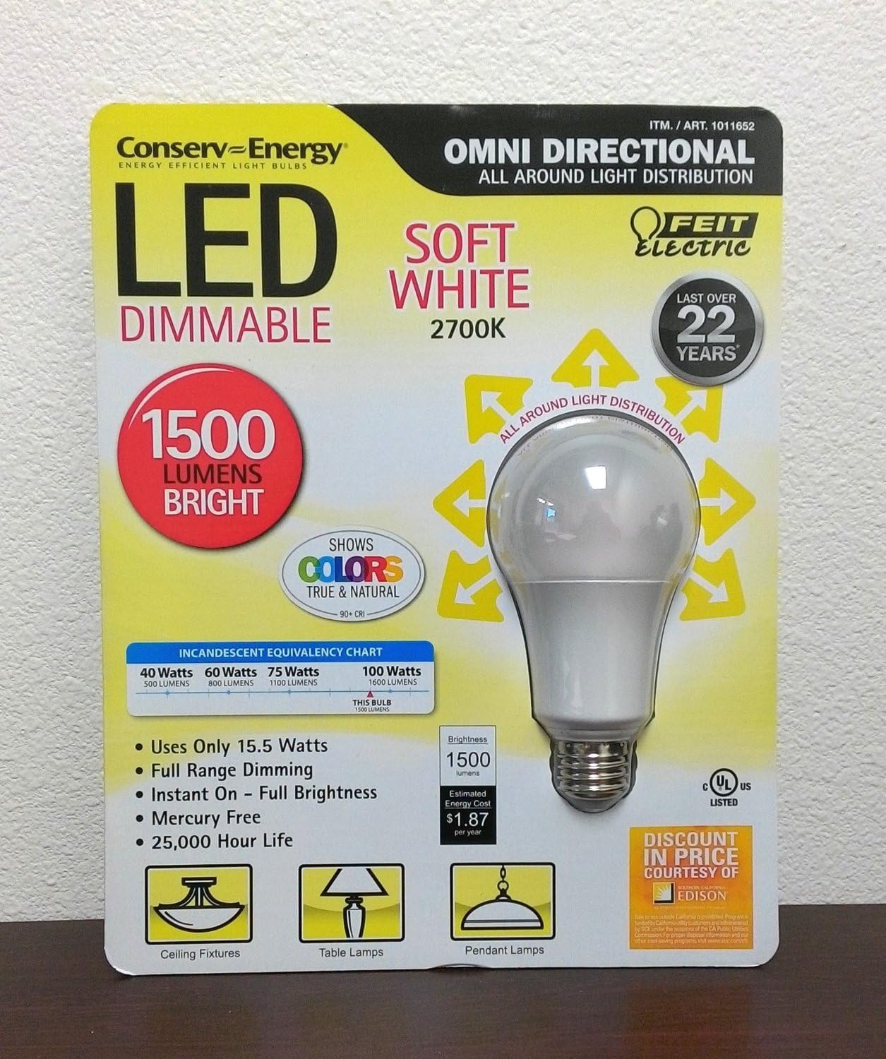 Feit Electric LED Dimmable Omni Directional Light Bulb Soft White 2700K 1500 Lumens Bright