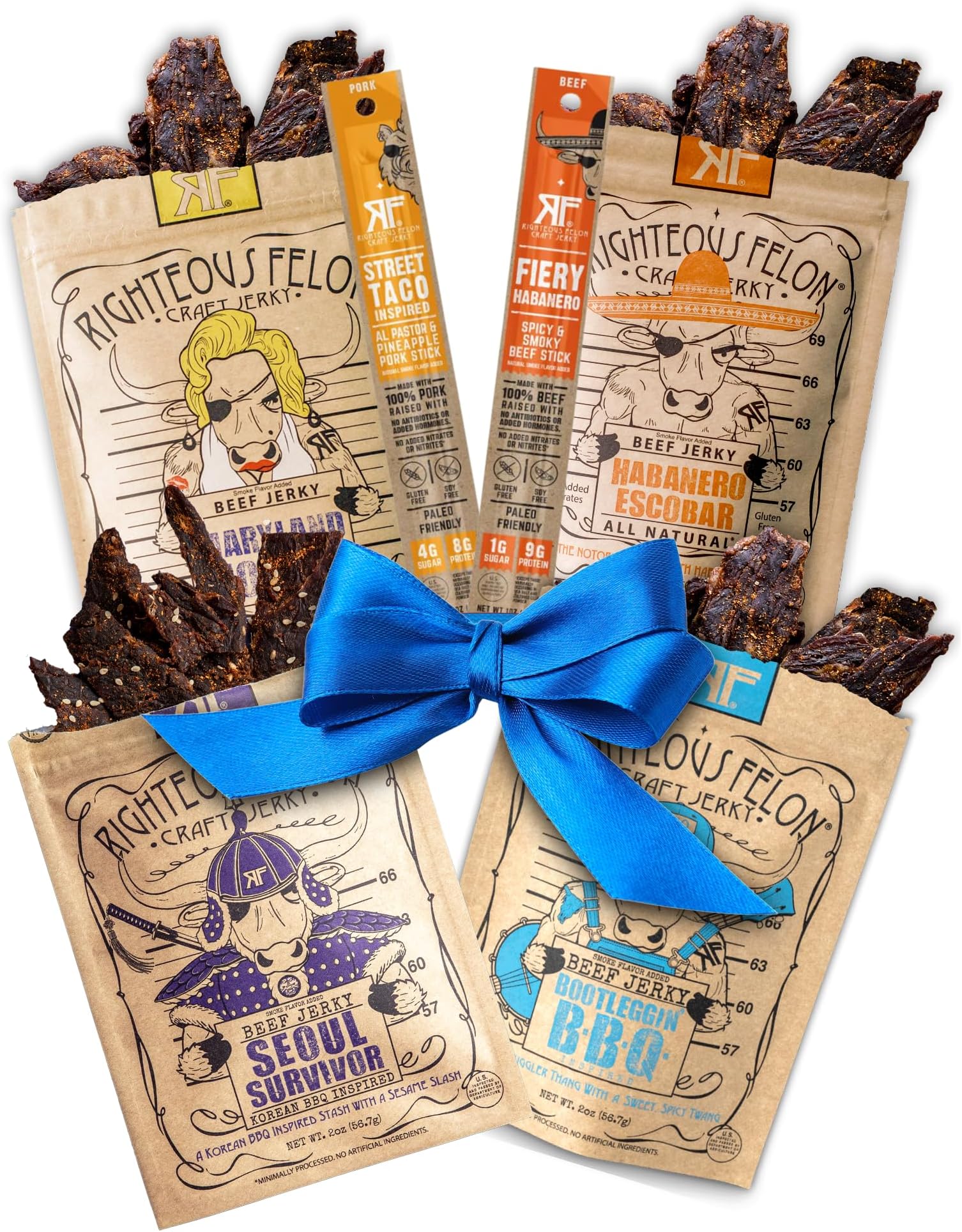 - Righteous Felon Beef Jerky & Meat Sticks Variety Pack - Father's Day Jerky for Dad - Gluten Free Beef Jerky Snack Packs - High Protein, Keto, Low Sugar - Gifts for Men - Spicy Jerky 6 Pack Sampler
