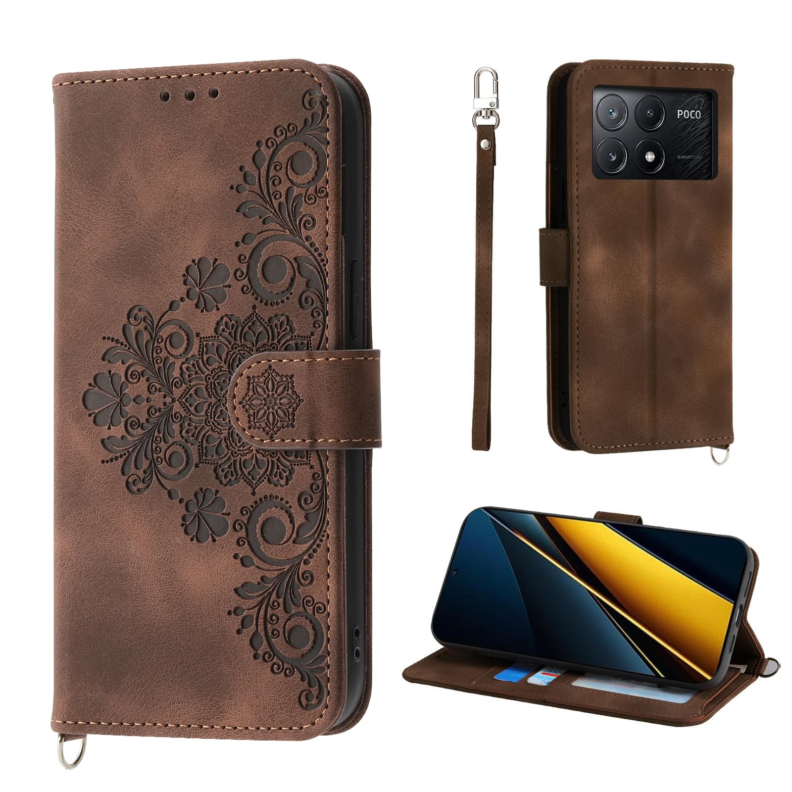 Etui na telefon Auslbin Flower dla Xiaomi Poco X6 Pro 5G/ Redmi K70e 6.67", 5 miejsc na karty Etui ochronne ze skóry PU w stylu vintage dla Poco X6 Pro 5G/ K70e, brązowy