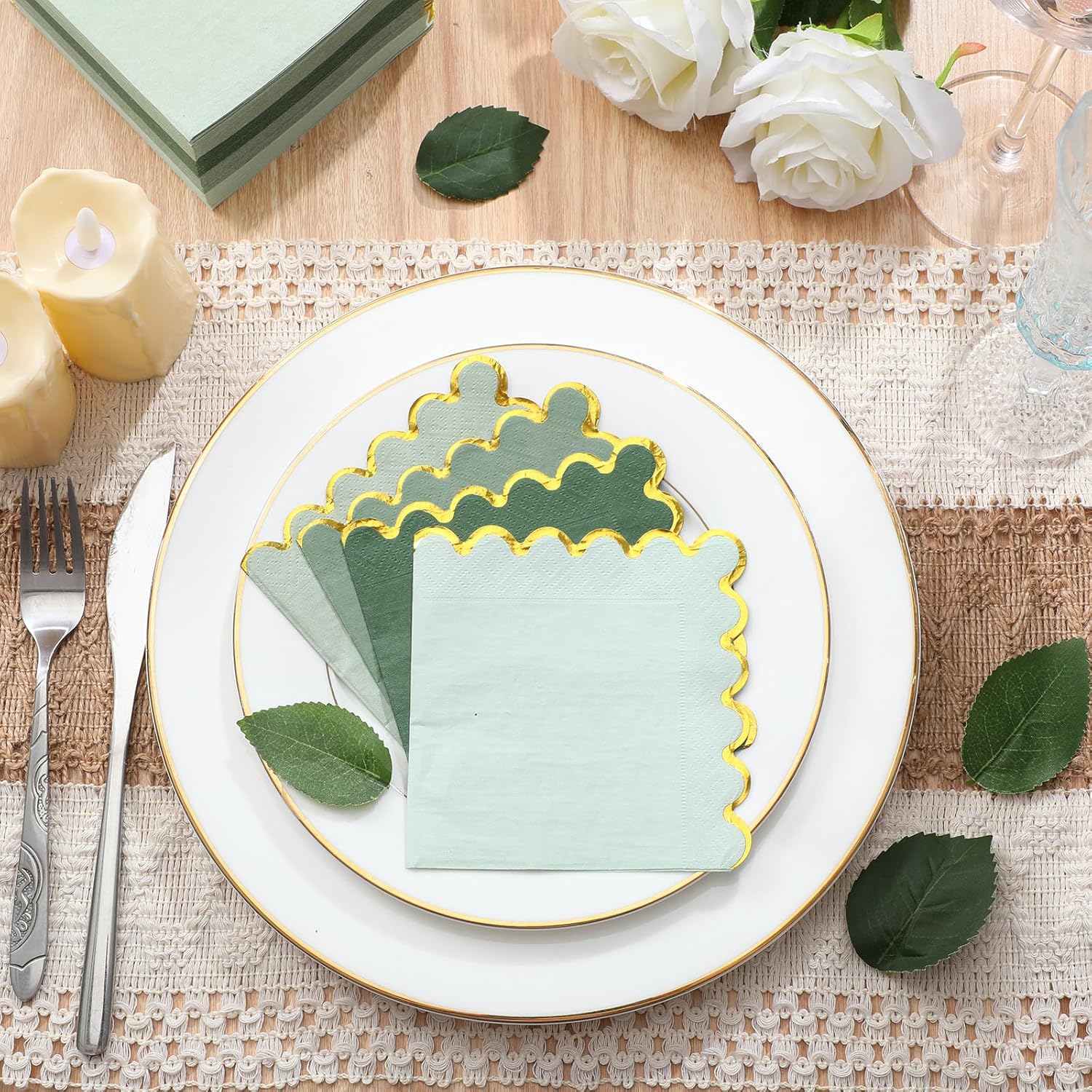 100 Pack Scalloped Cocktail Napkins with Gold Foil Accents Beverage Napkins Scalloped Disposable Paper for Wedding Shower Baby Dinner Birthday Party Supplies 5 x 5''(Green) - Image 6